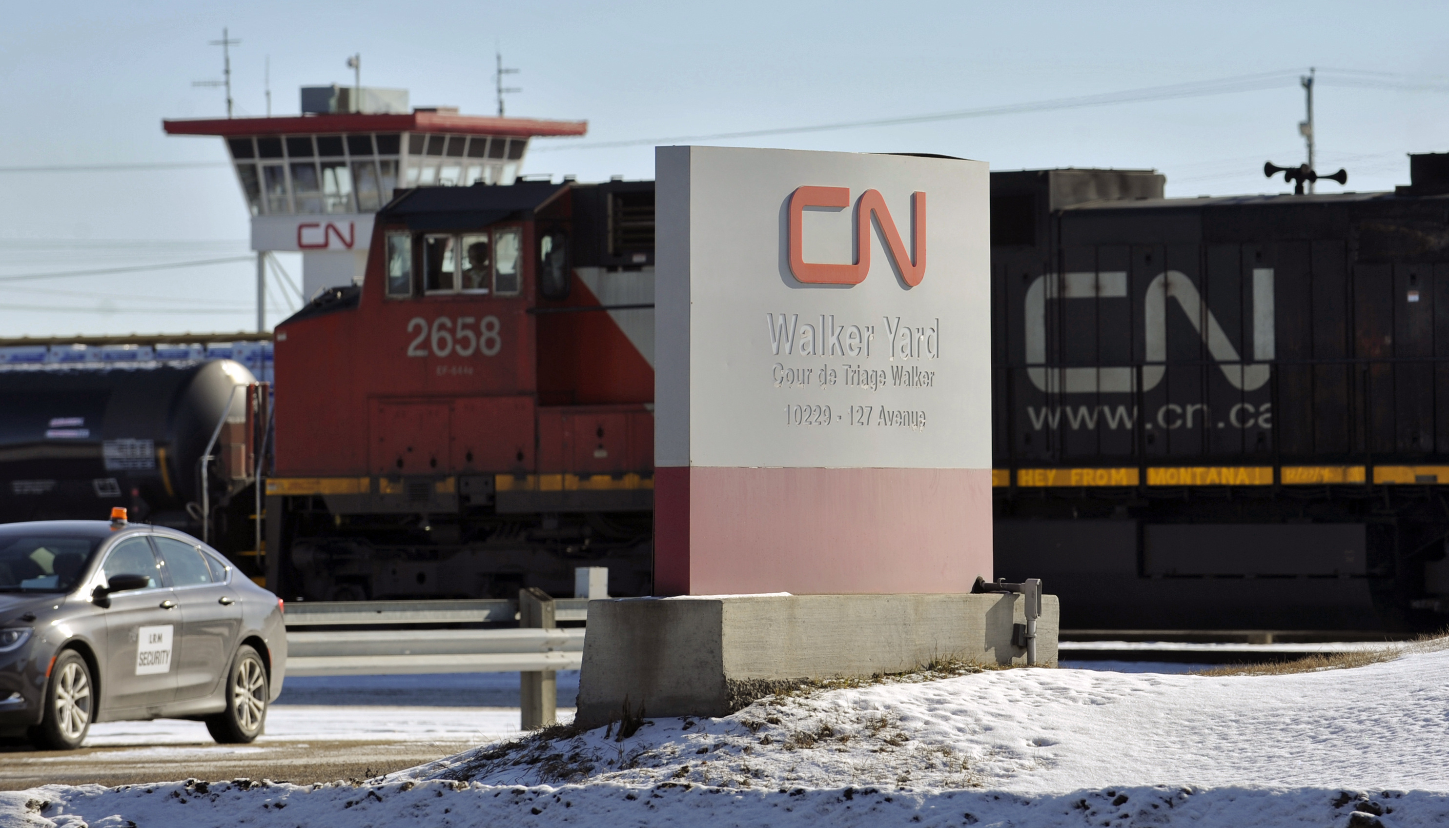 A locomotive moves through the CN railyards in Edmonton