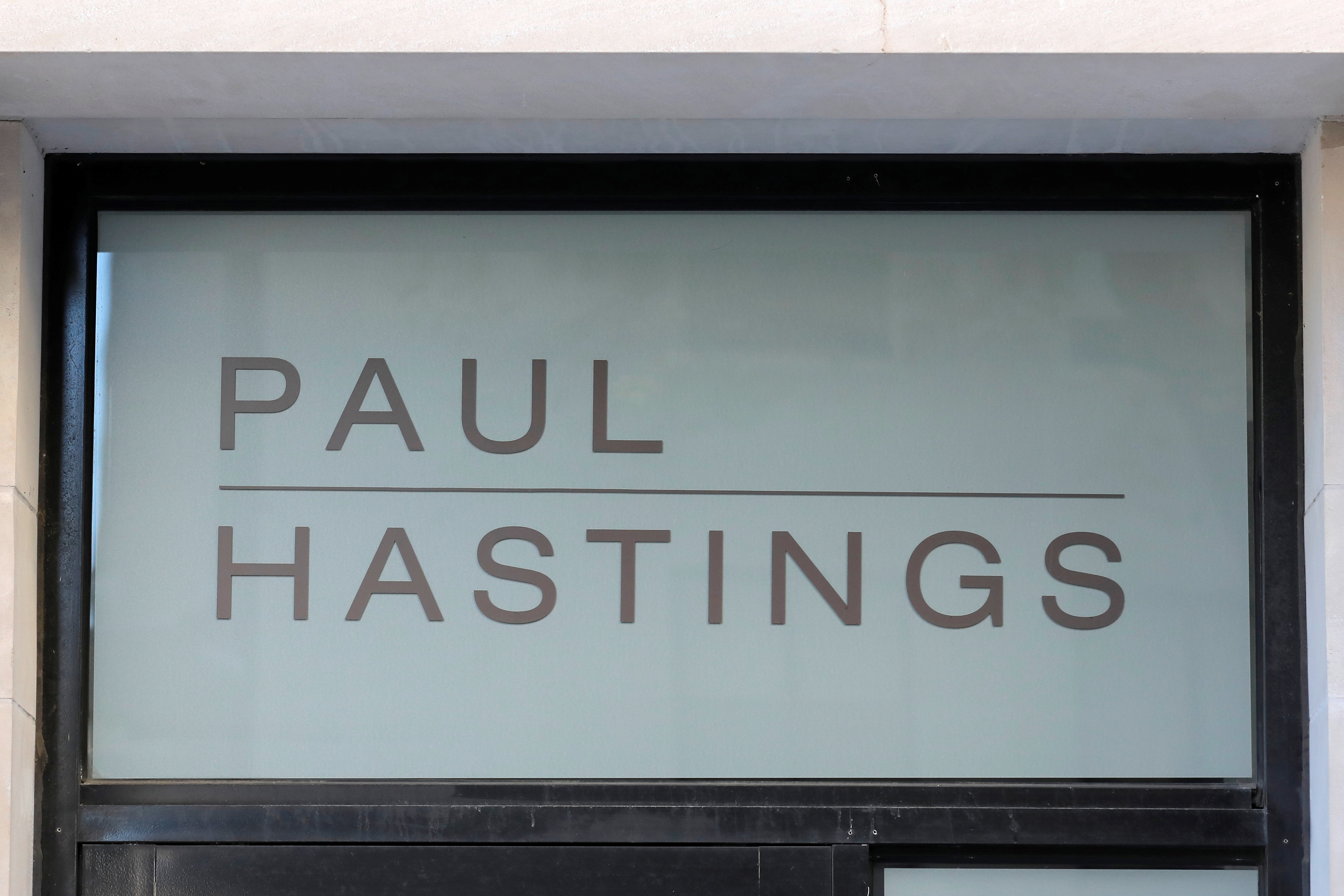 Signage is seen outside of the Paul Hastings law firm in Washington, D.C.