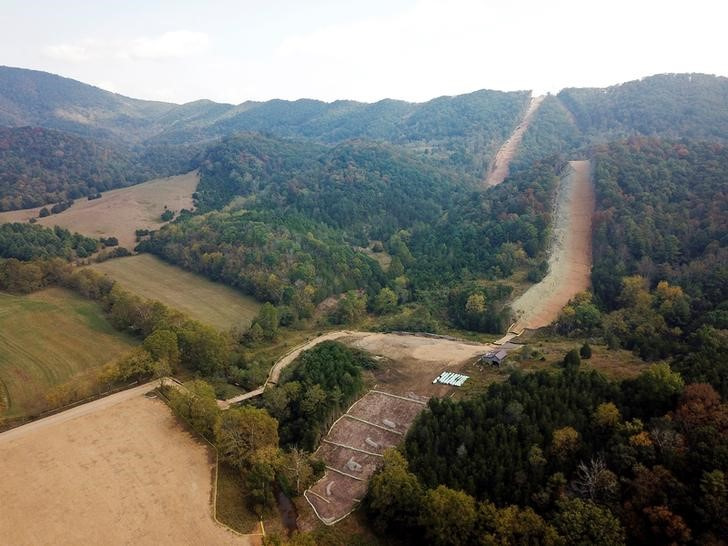 An aerial view of the under-construction Mountain Valley Pipeline near Blacksburg