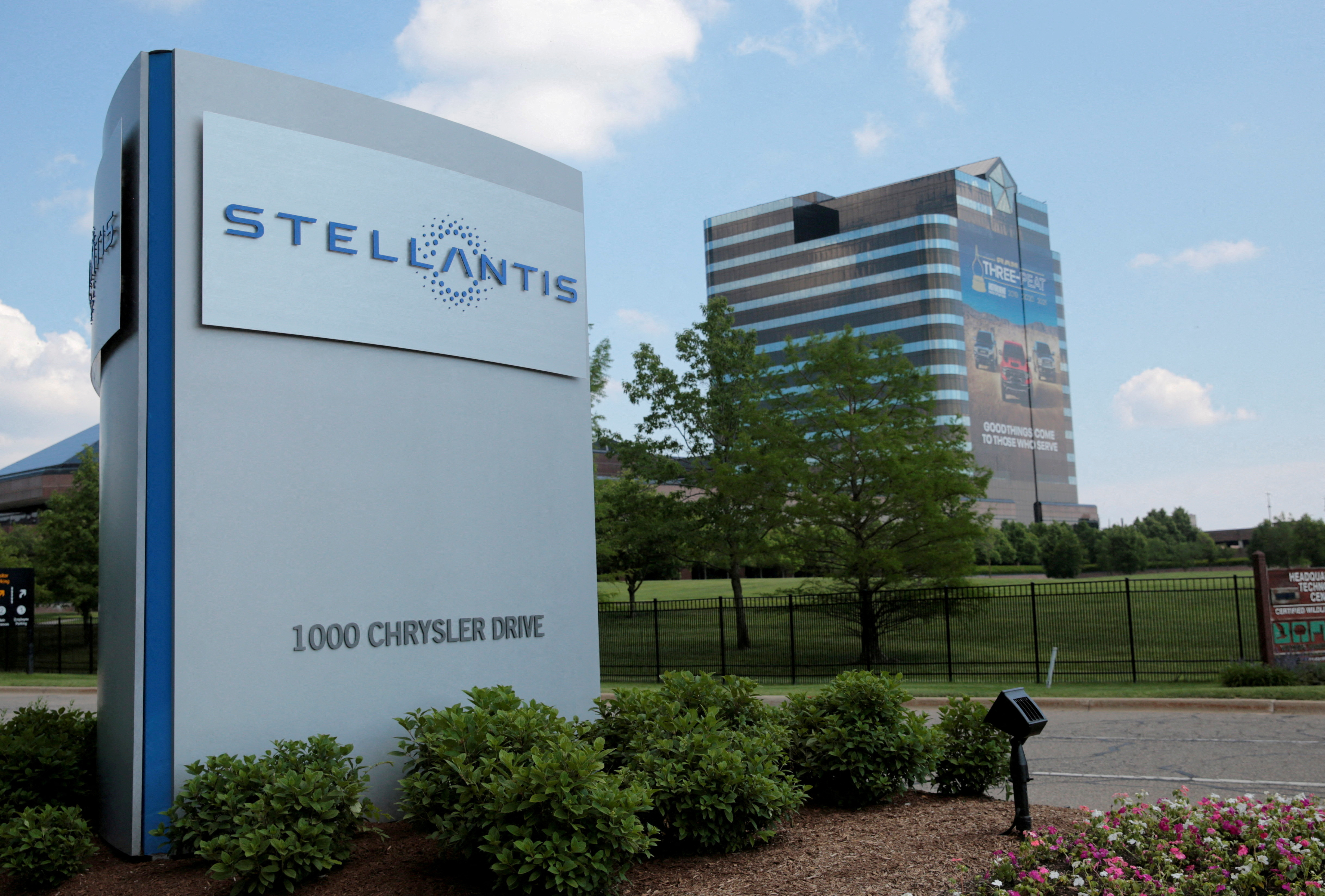 A Stellantis sign is seen outside its headquarters in Auburn Hills,