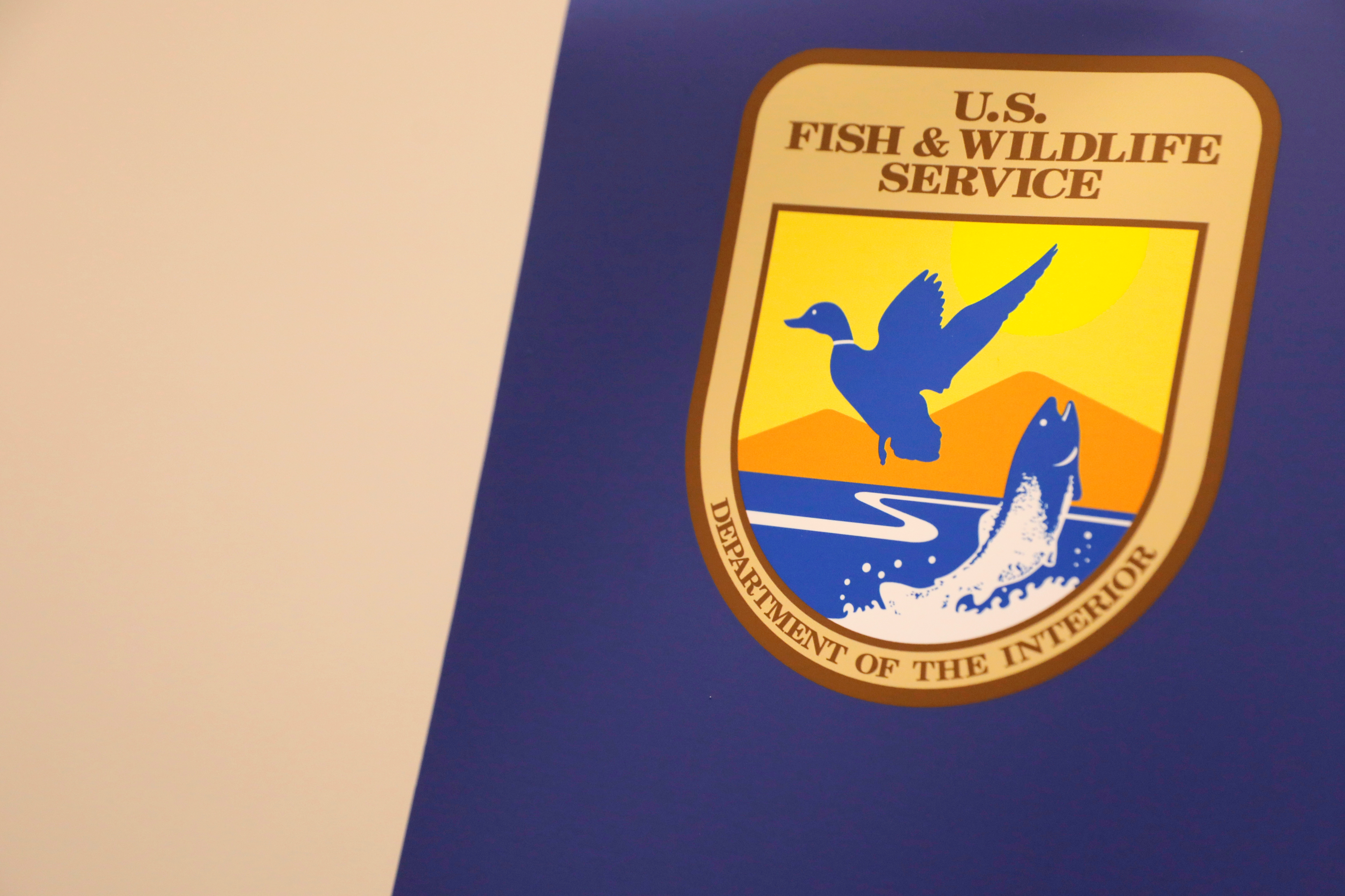 The seal of the U.S. Fish and Wildlife Service is seen at their headquarters in Bailey's Crossroads, Virginia, U.S.