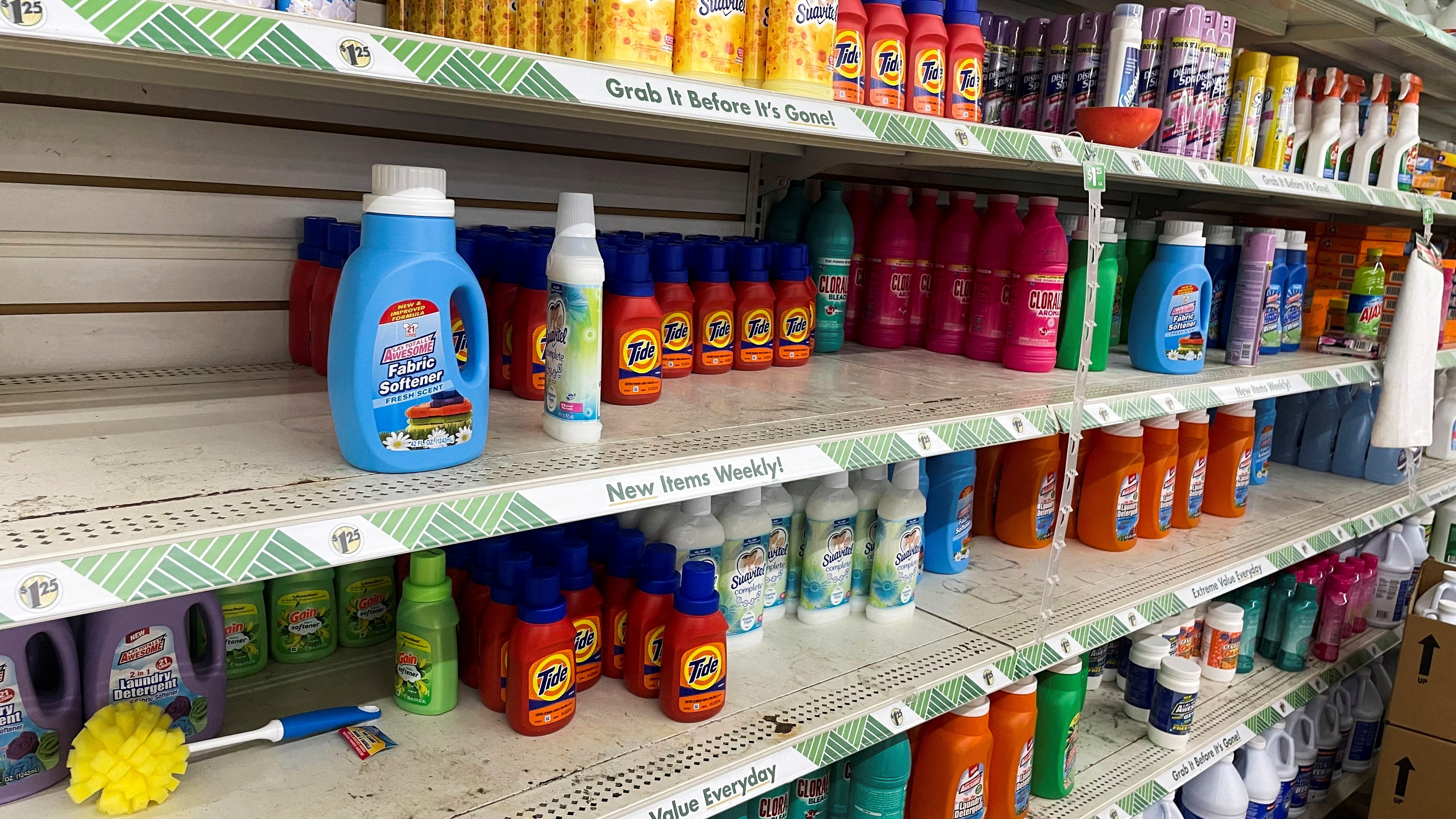 Household products made by Procter & Gamble Co are seen on shelves at a Dollar Tree in Newburgh, New York