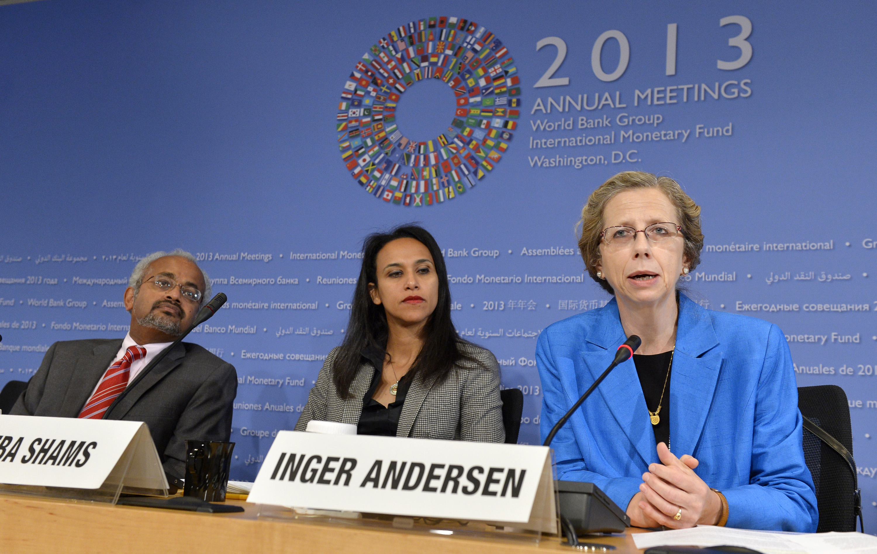 Inger Andersen, (R), the World Bank's Vice President for the Middle East and North Africa (MENA) region, makes remarks as Shanta Devarajan, (L), the World Bank's chief economist for MENA and communications manager Heba Shams listen, as she discusses political turmoil and economics in the region at a news conference during the IMF and World Bank's 2013 Annual Fall Meetings, in Washington, October 10, 2013. REUTERS/Mike Theiler 