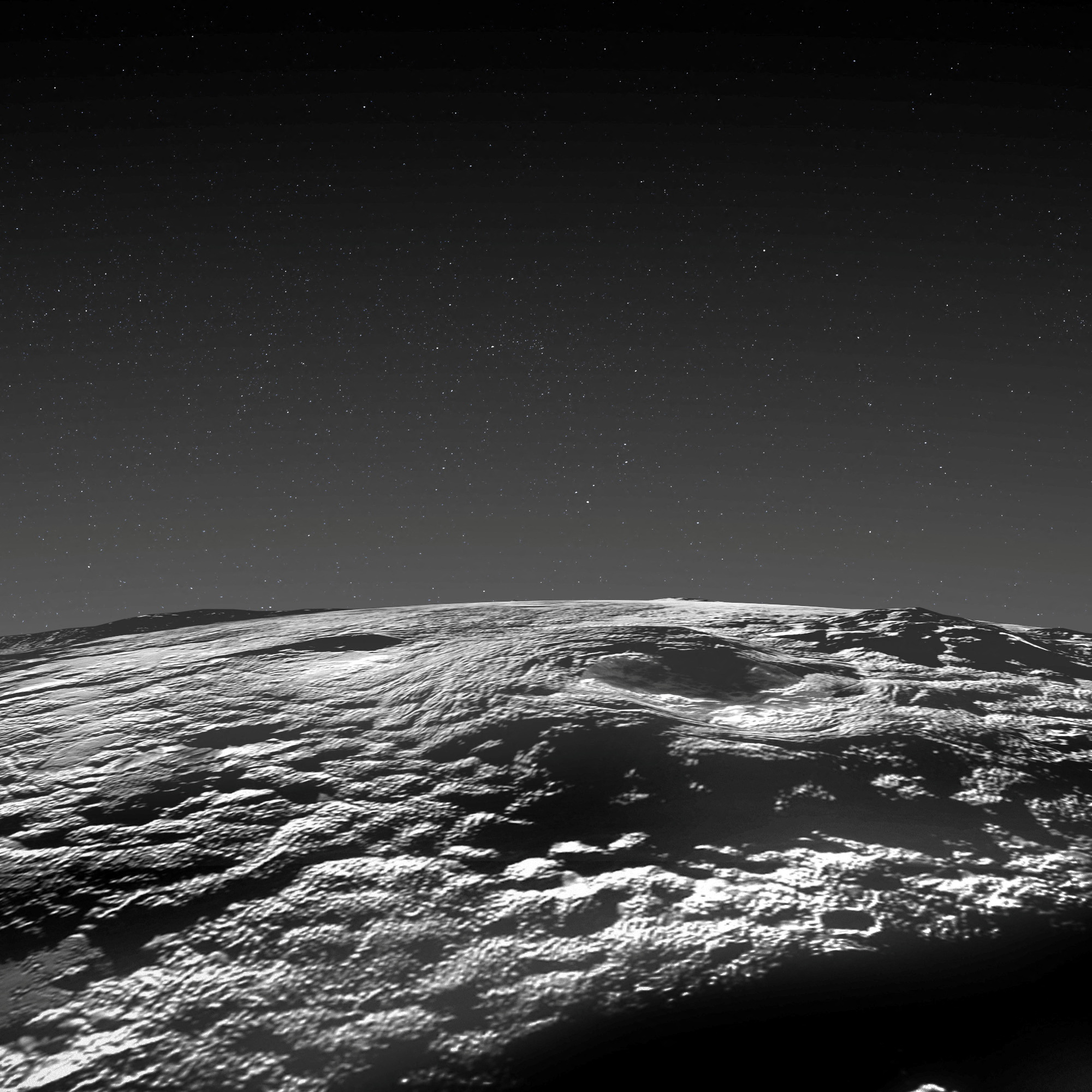 A perspective view of Pluto's icy volcanic region is seen based on 2015 data from the NASA spacecraft New Horizons