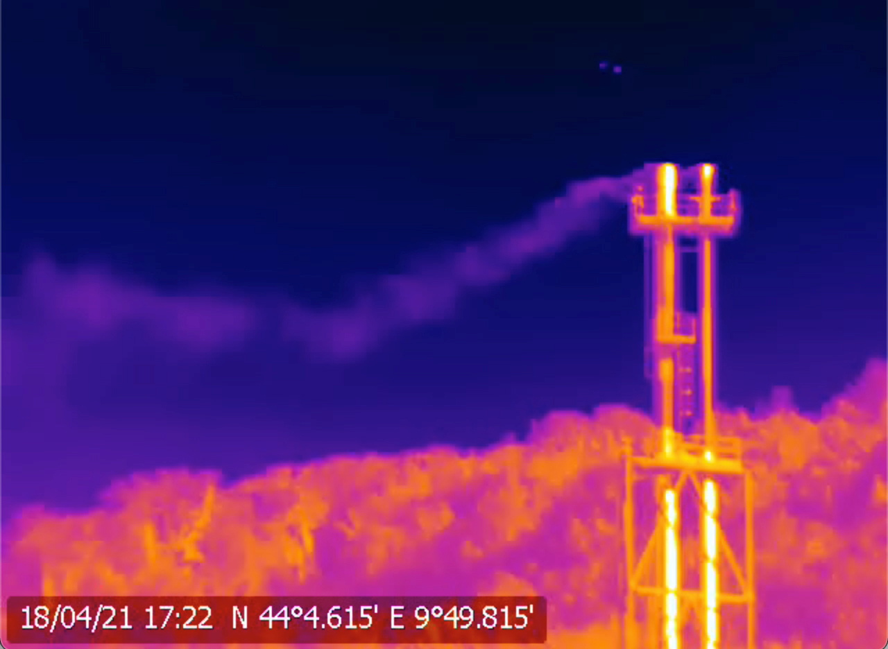 A handout screen grab from thermographic video footage shot with an infrared camera at SNAM's Panigaglia LNG terminal near La Spezia