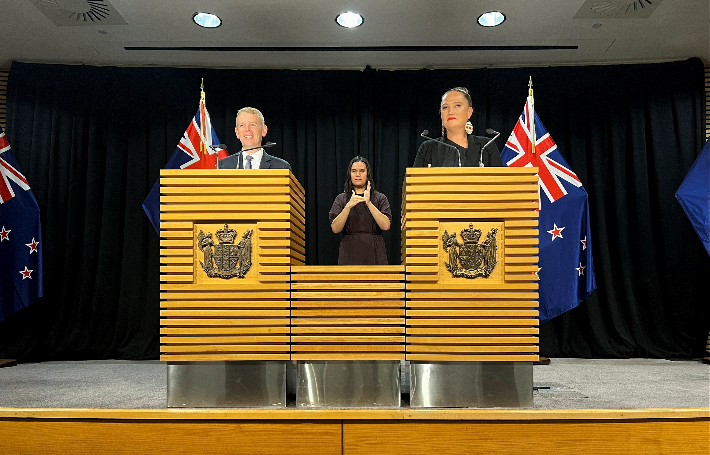 New Zealand's new PM Hipkins and new Deputy PM Sepuloni attend a news conference in Wellington