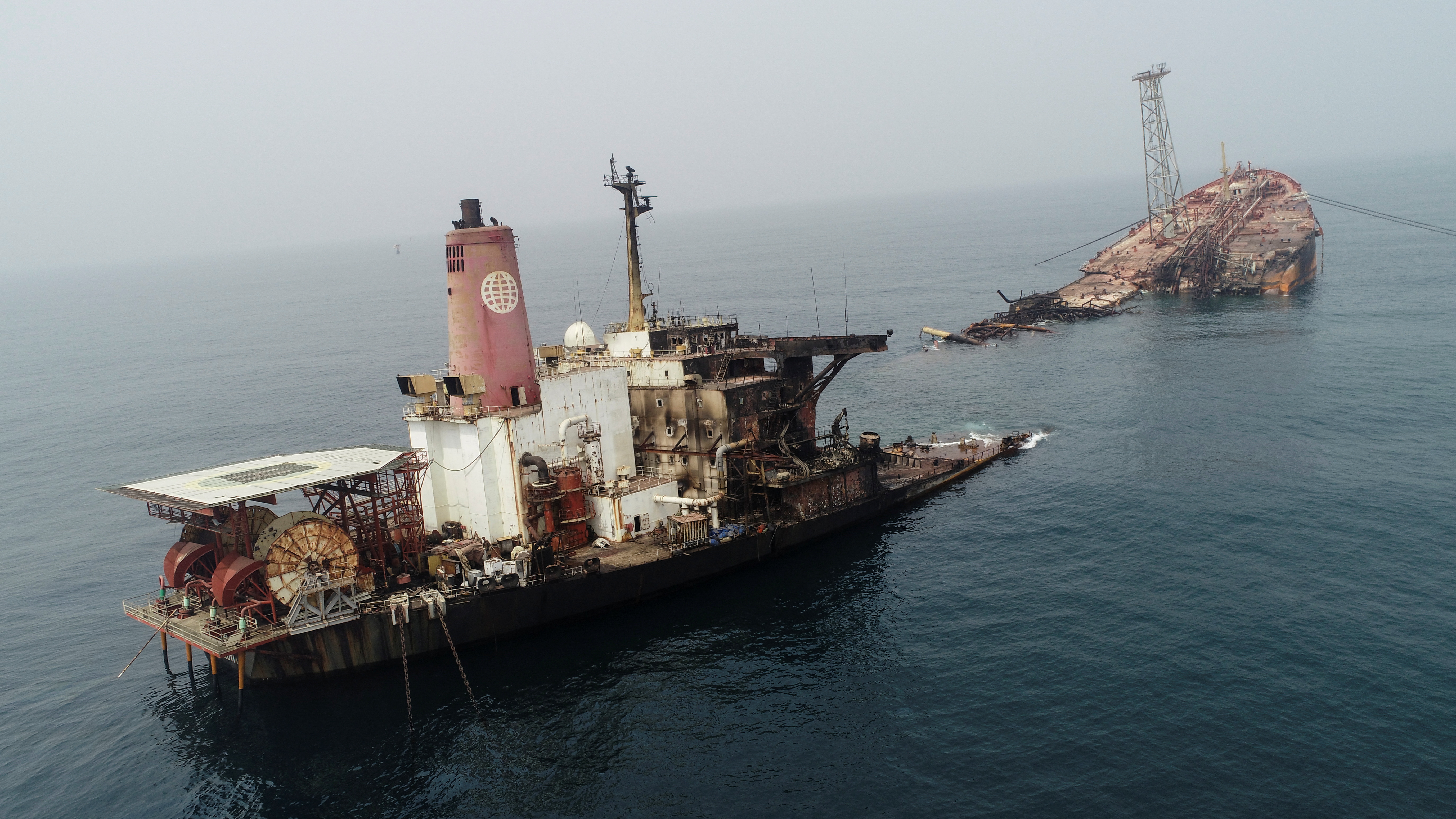 Wreckage of the Trinity Spirit floating production, storage and offloading (FPSO) vessel after explosion, in Warri