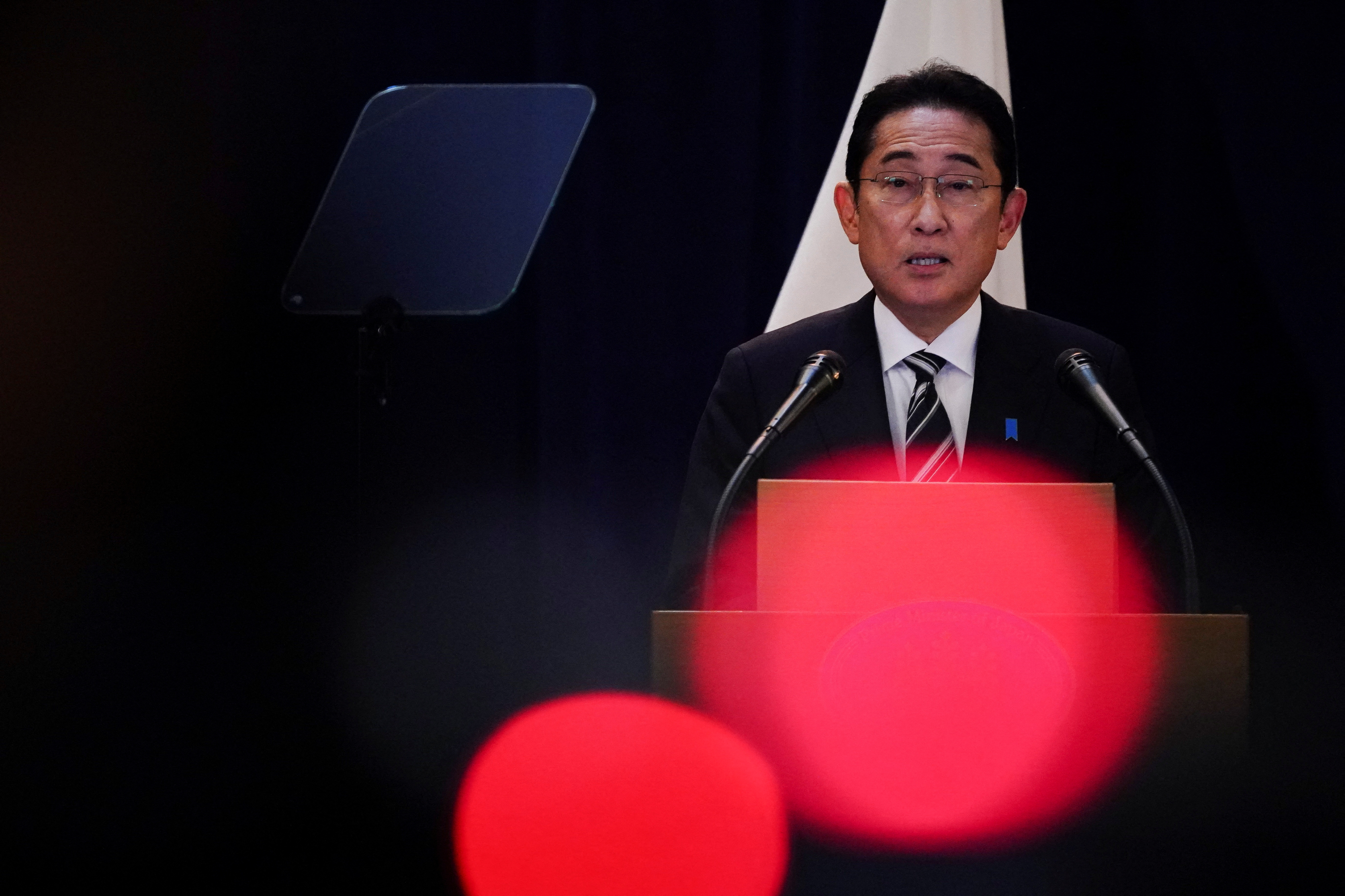 Japan's Prime Minister Fumio Kishida addresses members of the media during a press conference in New York