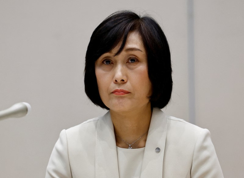Japan Airlines' new president Mitsuko Tottori attends a press conference in Tokyo