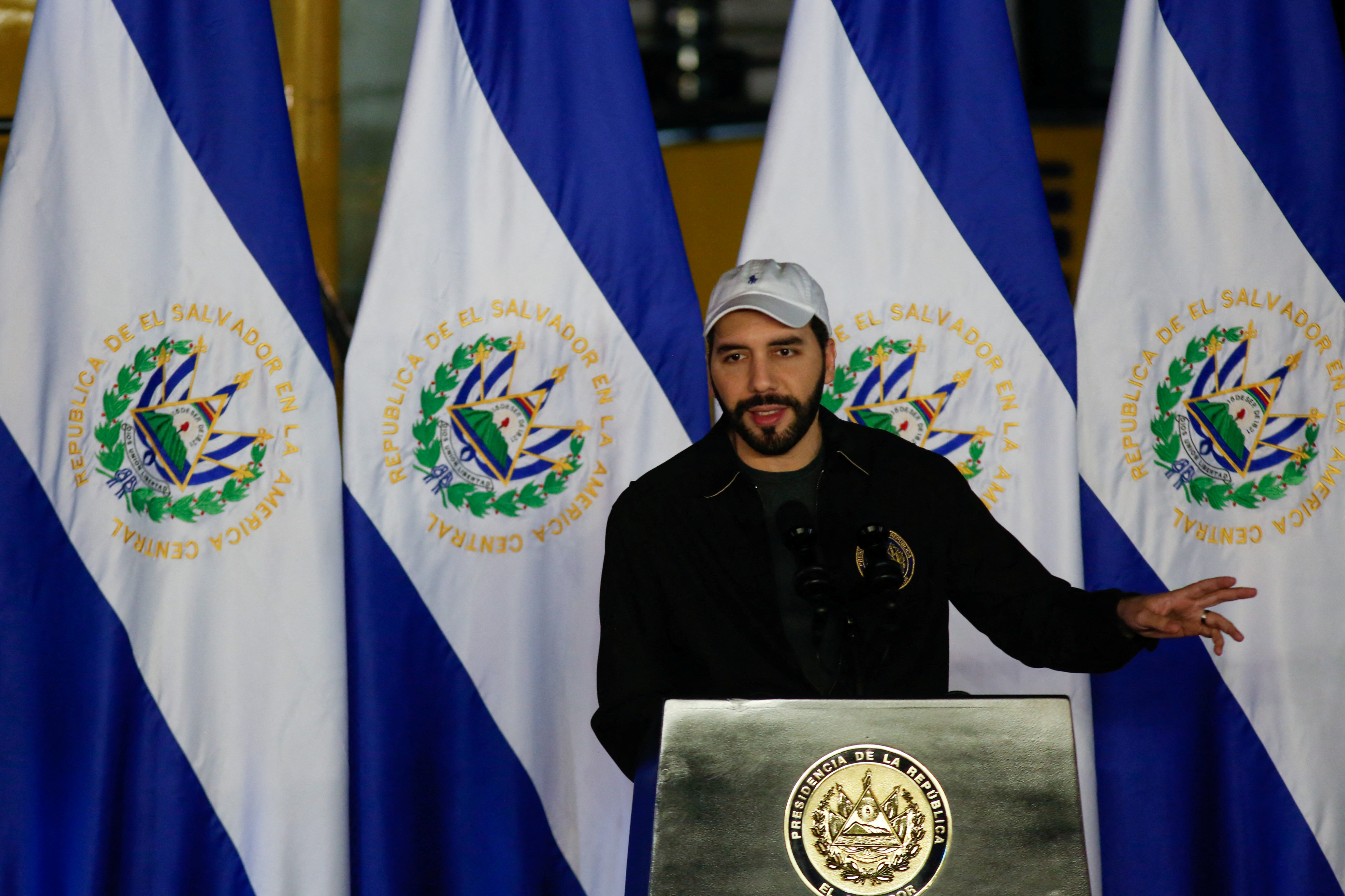 El Salvador's President Nayib Bukele speaks during a ceremony to lay the first stone of Chivo Vet, a veterinary hospital financed with the gains El Salvador has obtained from its bitcoin operations, in Antiguo Cuscatlan, El Salvador November 1, 2021. REUTERS/Jose Cabezas