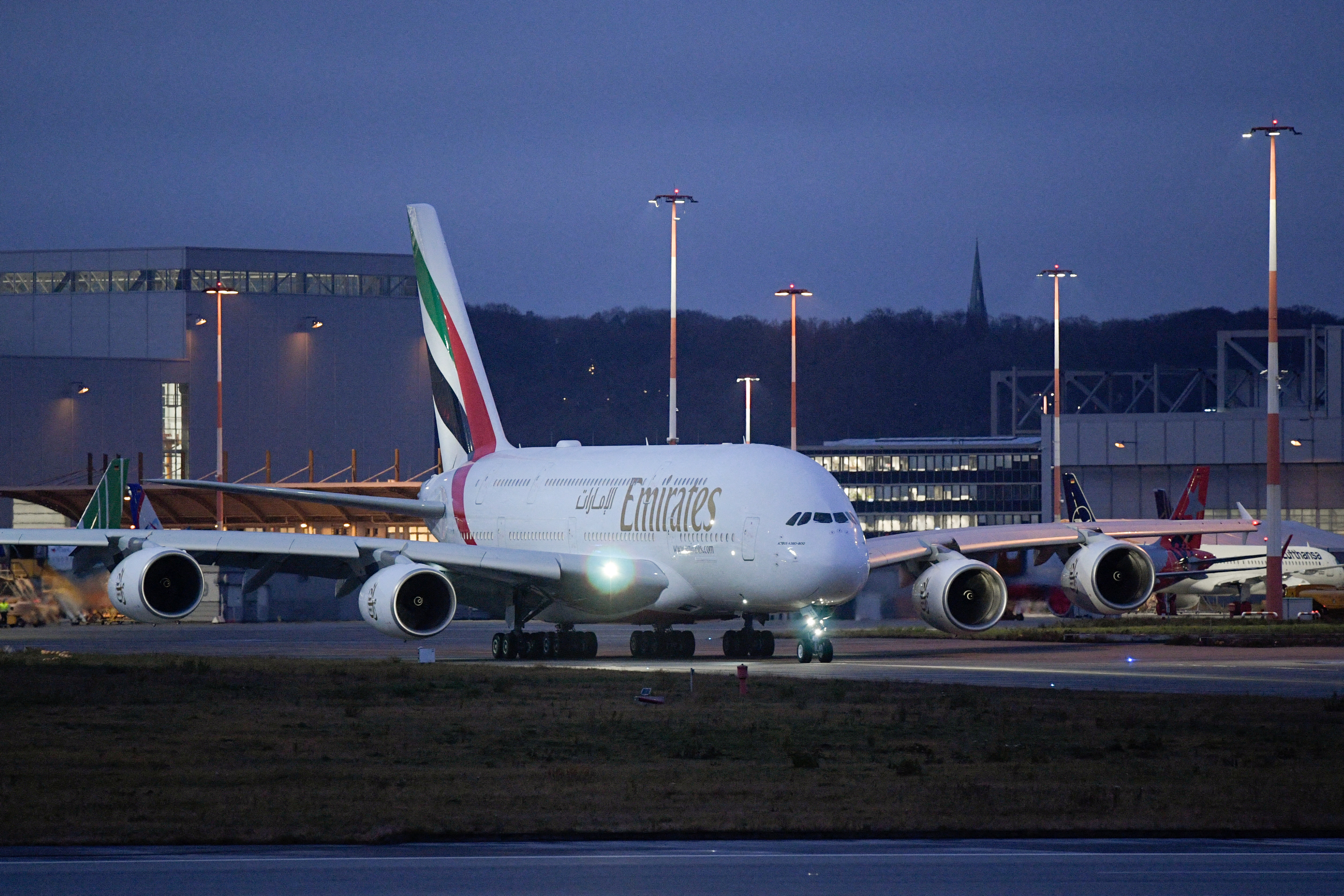 An Airbus A380 takes off after Airbus makes its last ever delivery of an A380 to Emirates in Hamburg-Finkenwerder
