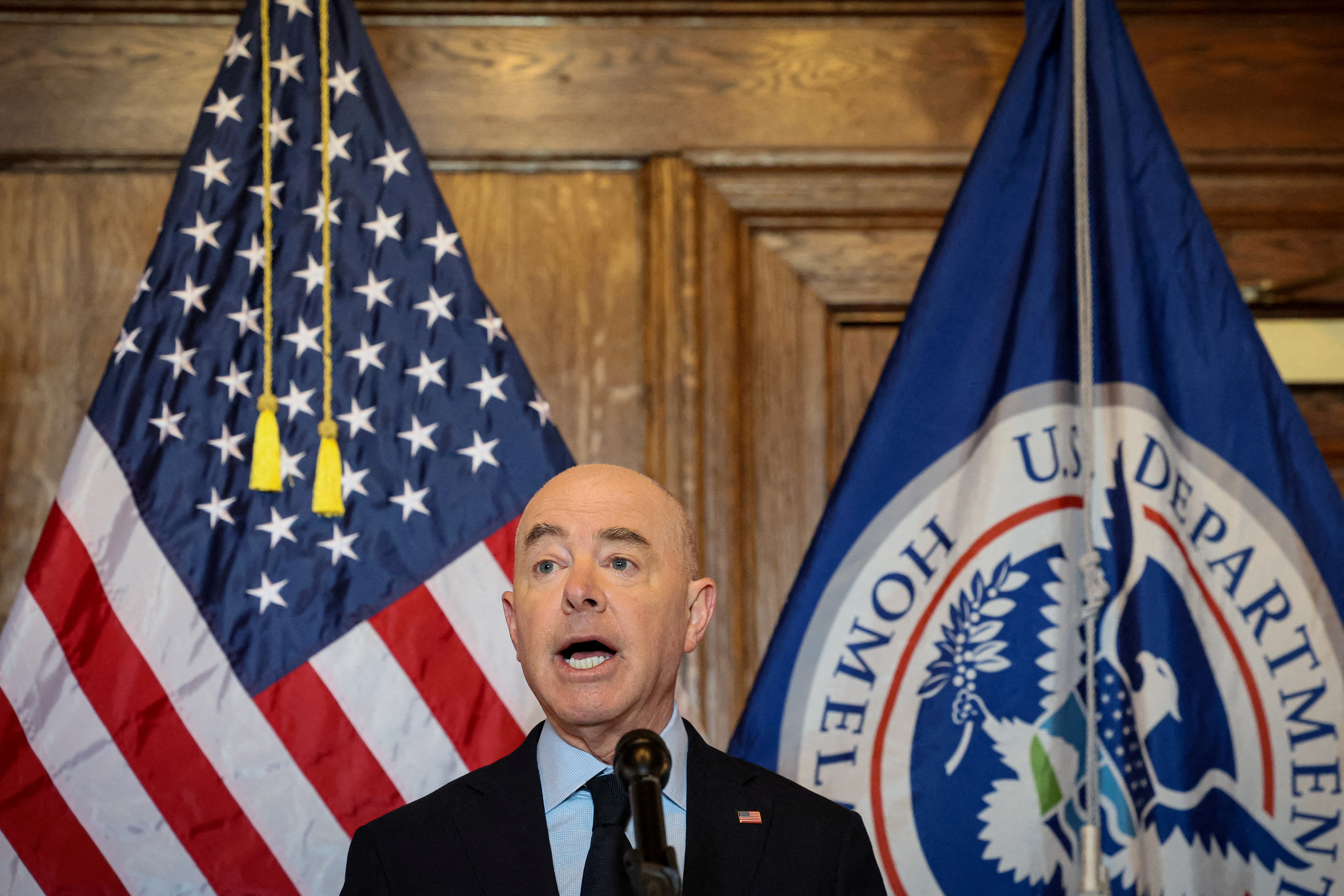 Department of Homeland Security (DHS) Secretary Mayorkas speaks at a news conference in New York