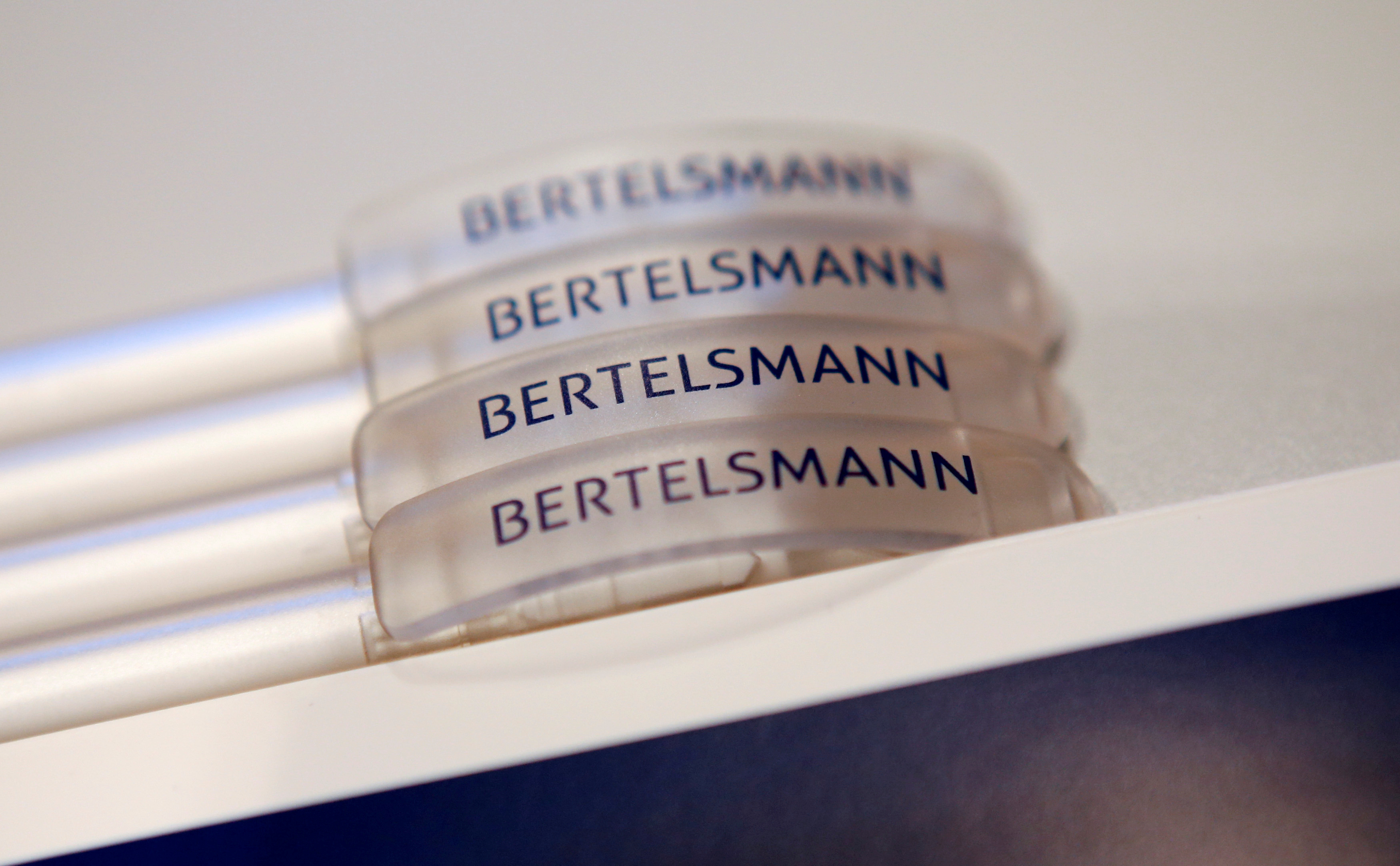 Pencils with the logo of German media group Bertelsmann CEO are seen at the annual news conference Berlin