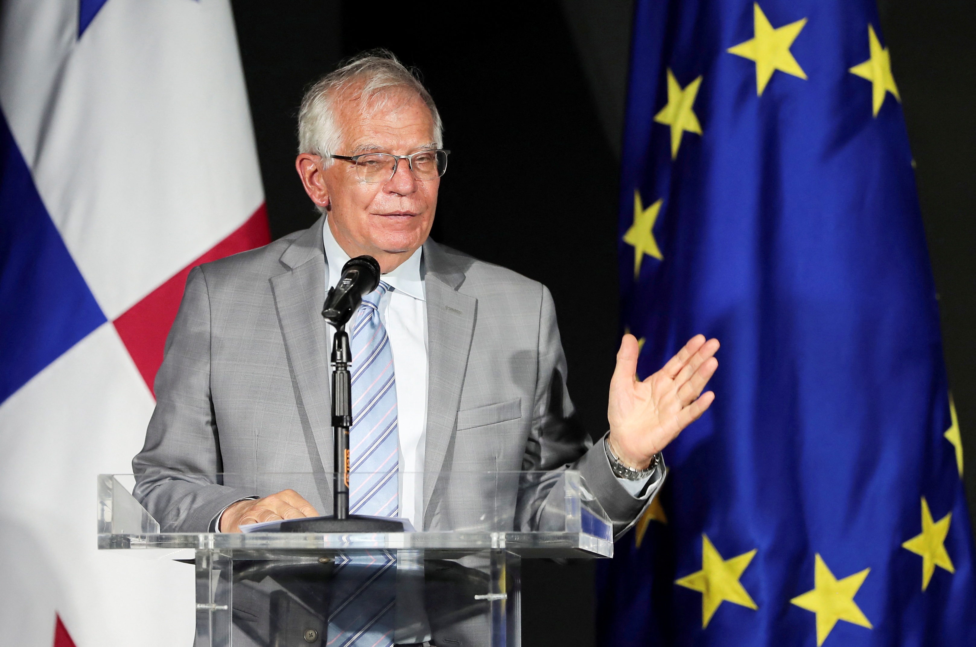 European Union for Foreign Affairs and Security Policy Josep Borrell speaks to the media during a news conference in Panama City