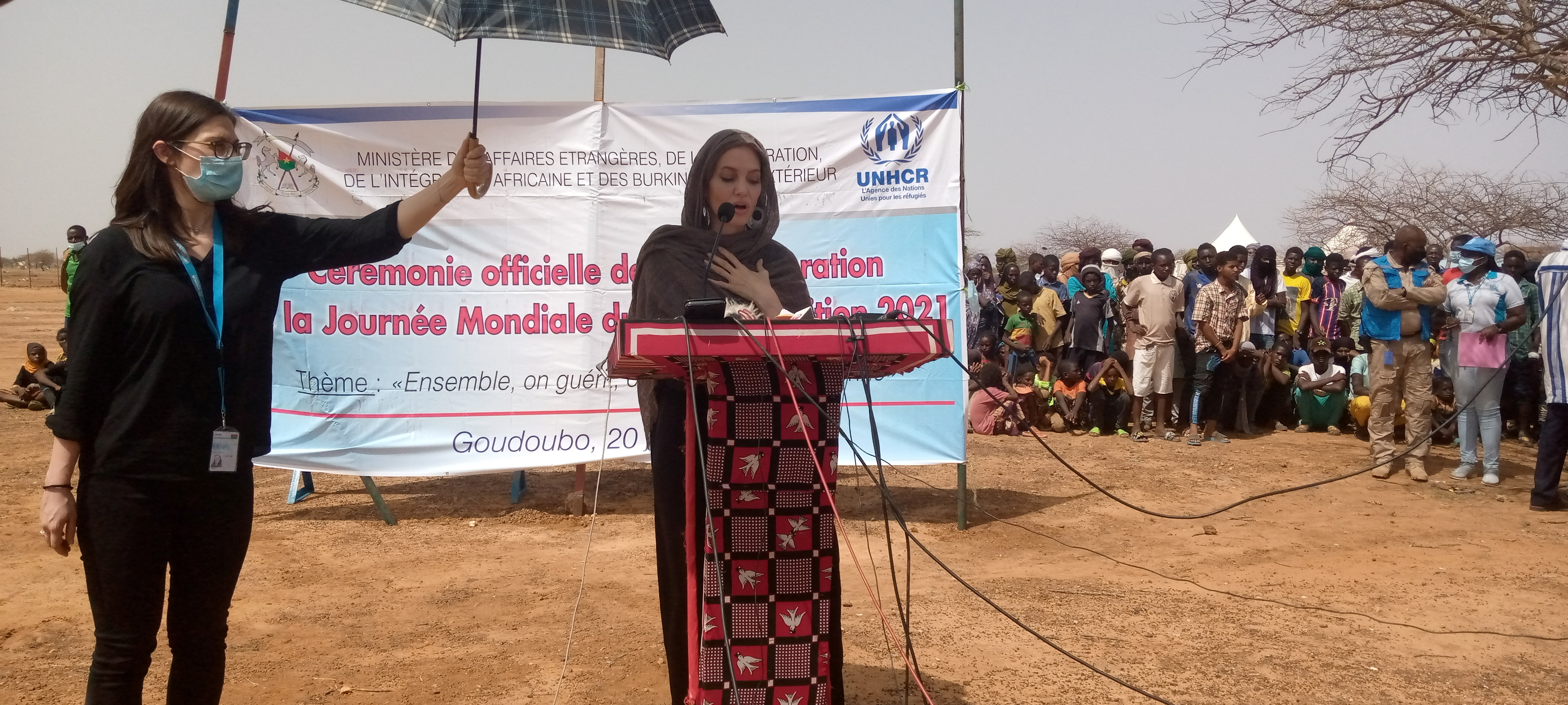 Actor Angelina Jolie, U.N. Refugee Agencys special envoy speaks during the World Refugee Day at the refugees camp in Goudoubou, Burkina Faso June 20, 2021. Picture taken June 20, 2021. REUTERS/Ndiaga Thiam NO RESALES. NO ARCHIVES