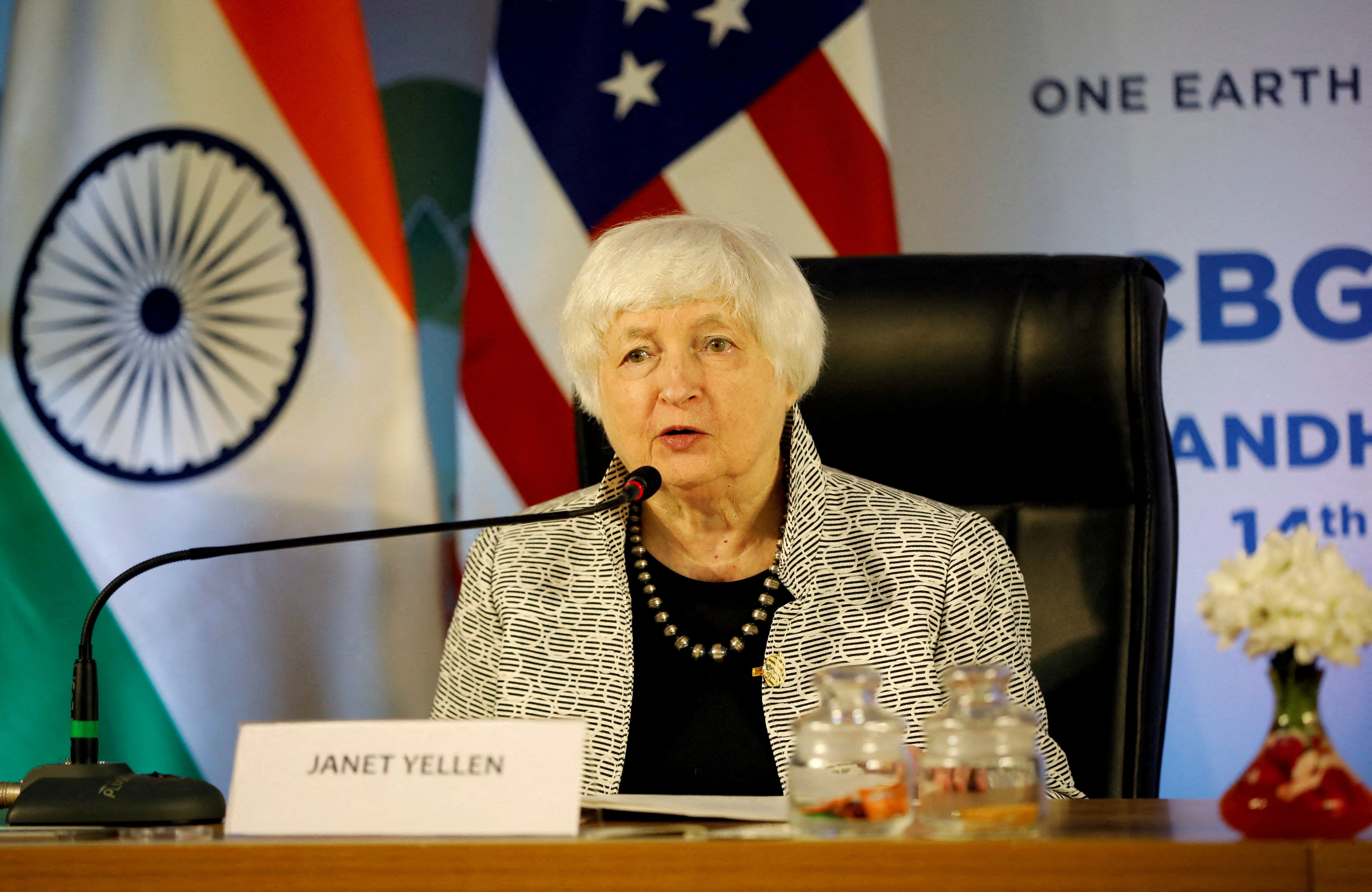 U.S. Treasury Secretary Yellen addresses media on sidelines of a G20 meeting at Gandhinagar