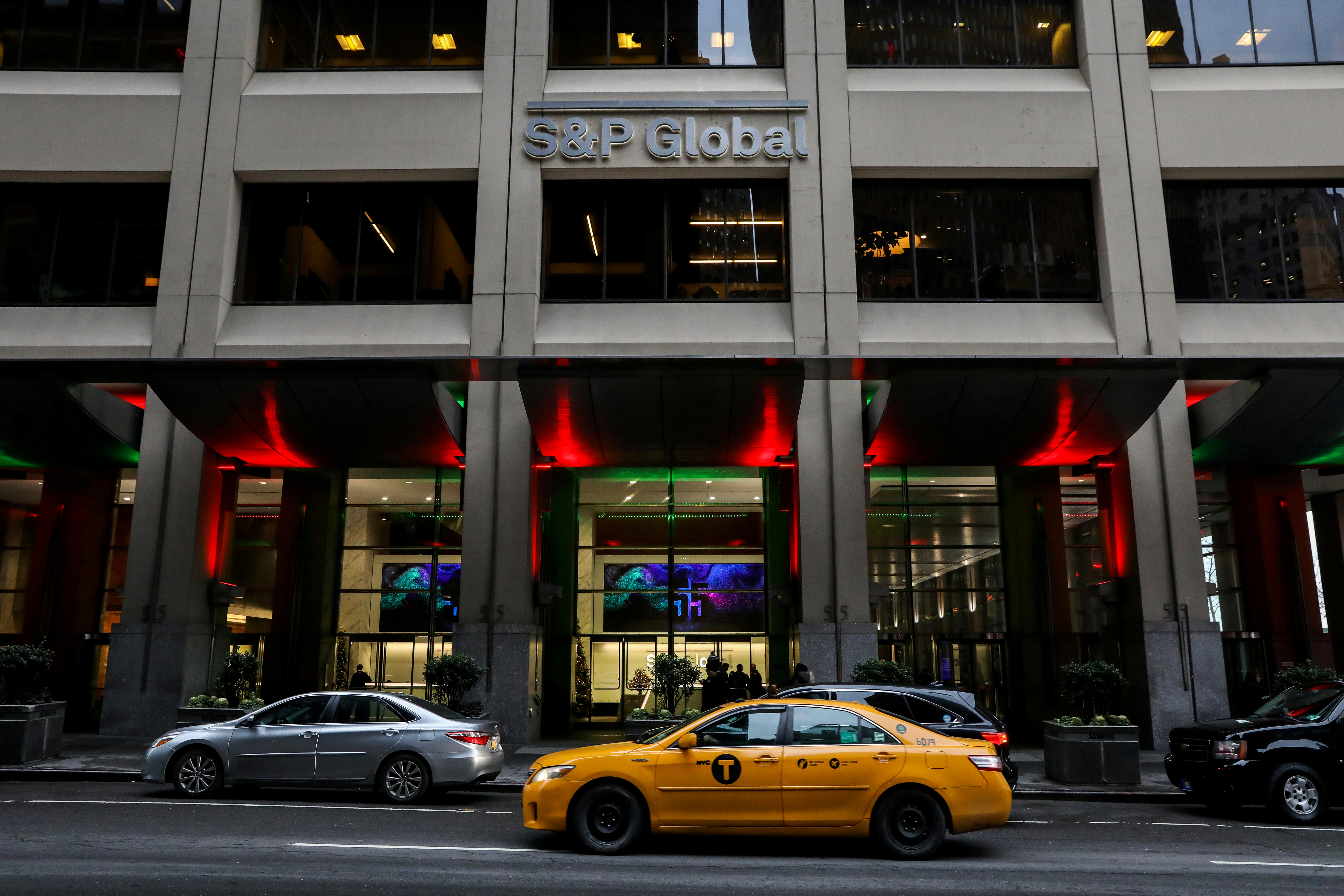 The S&P Global logo is displayed on its offices in the financial district in New York