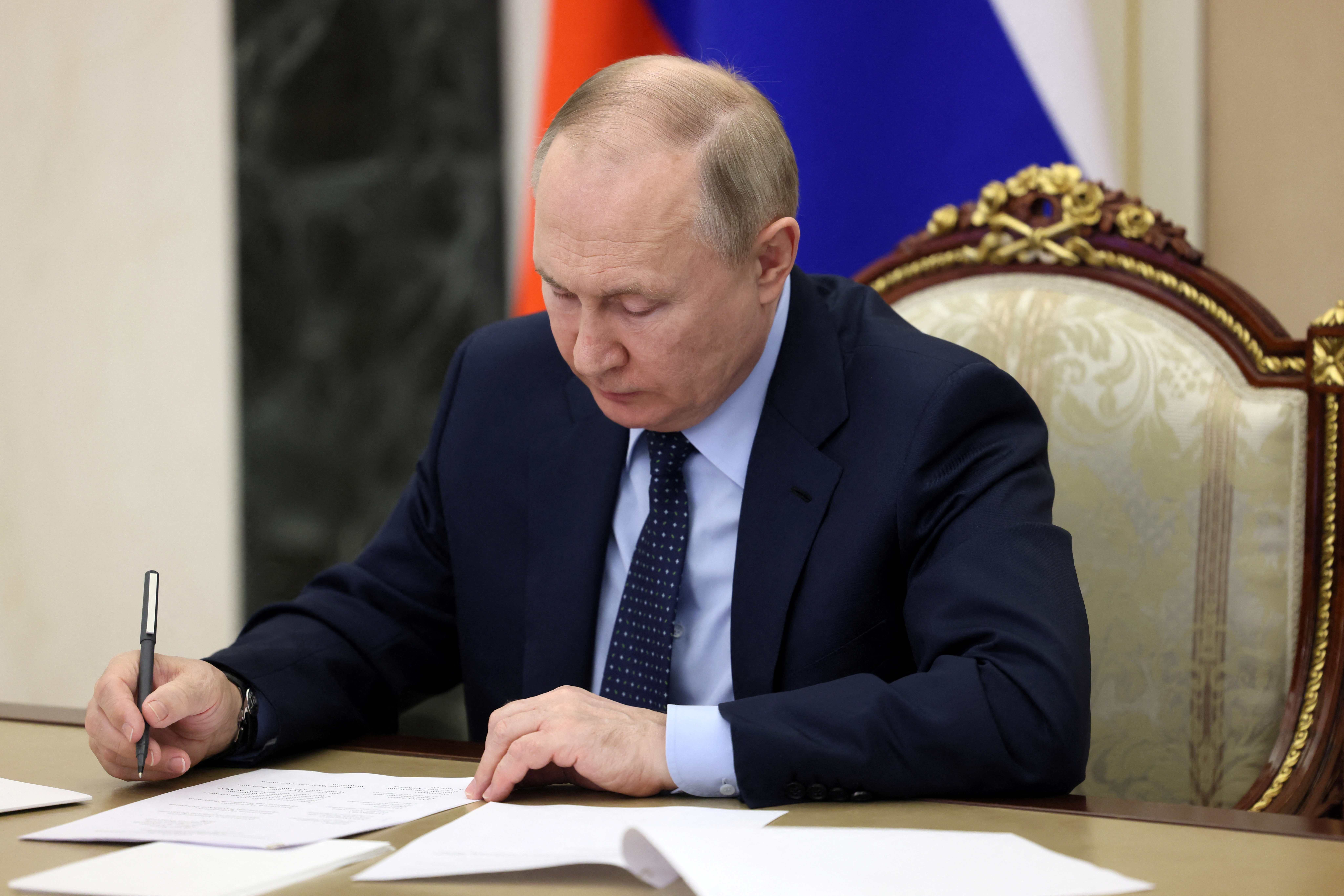 Russian President Vladimir Putin chairs a meeting on fighting wildfires, via video link in Moscow