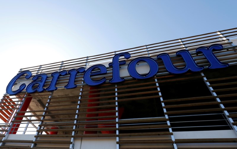 A Carrefour logo is seen on a Carrefour Hypermarket store in Merignac near Bordeaux