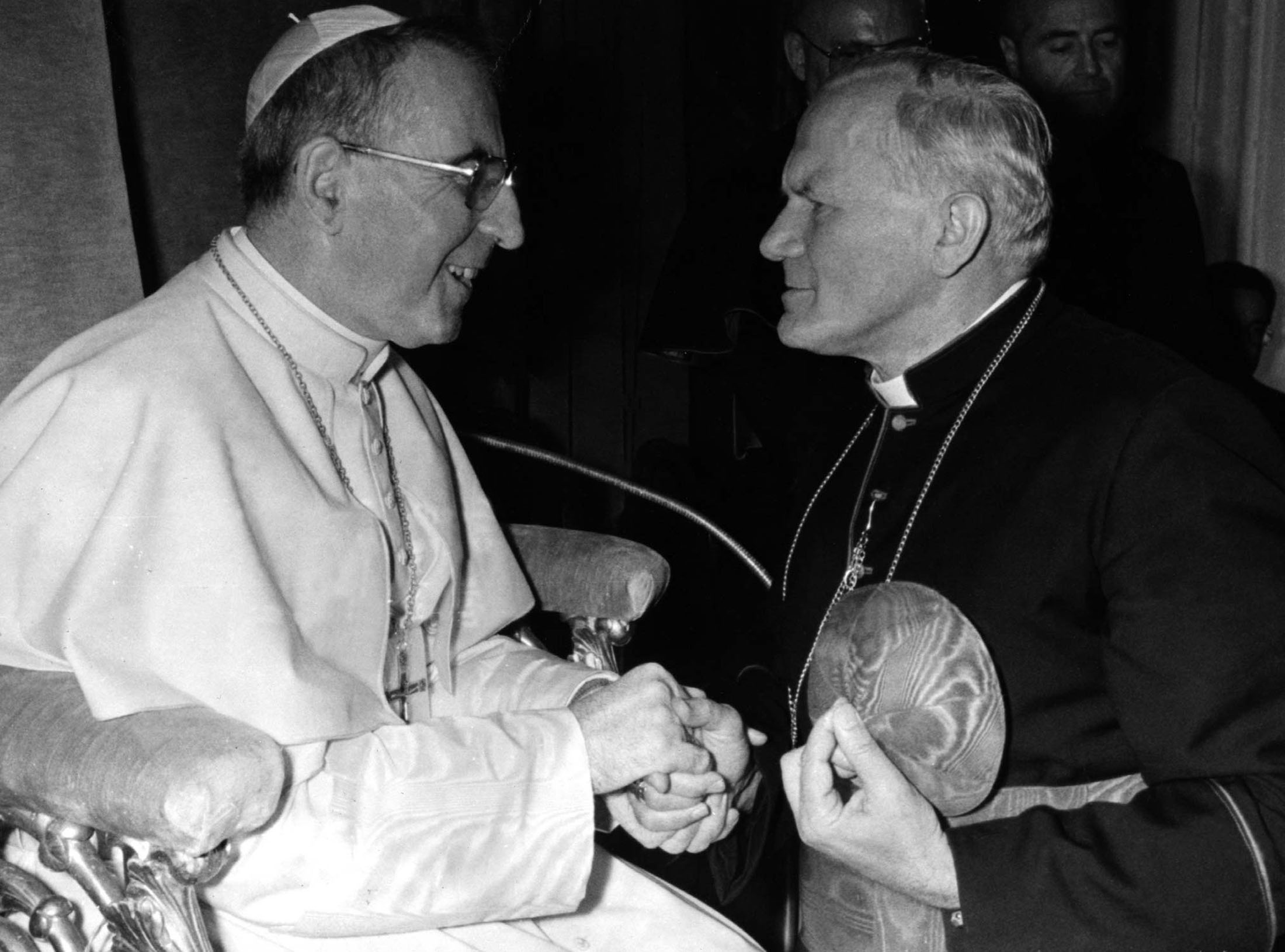 File photograph of Pope John Paul I meeting Cardinal Karol Wojtyla, archibishop of Kracow.