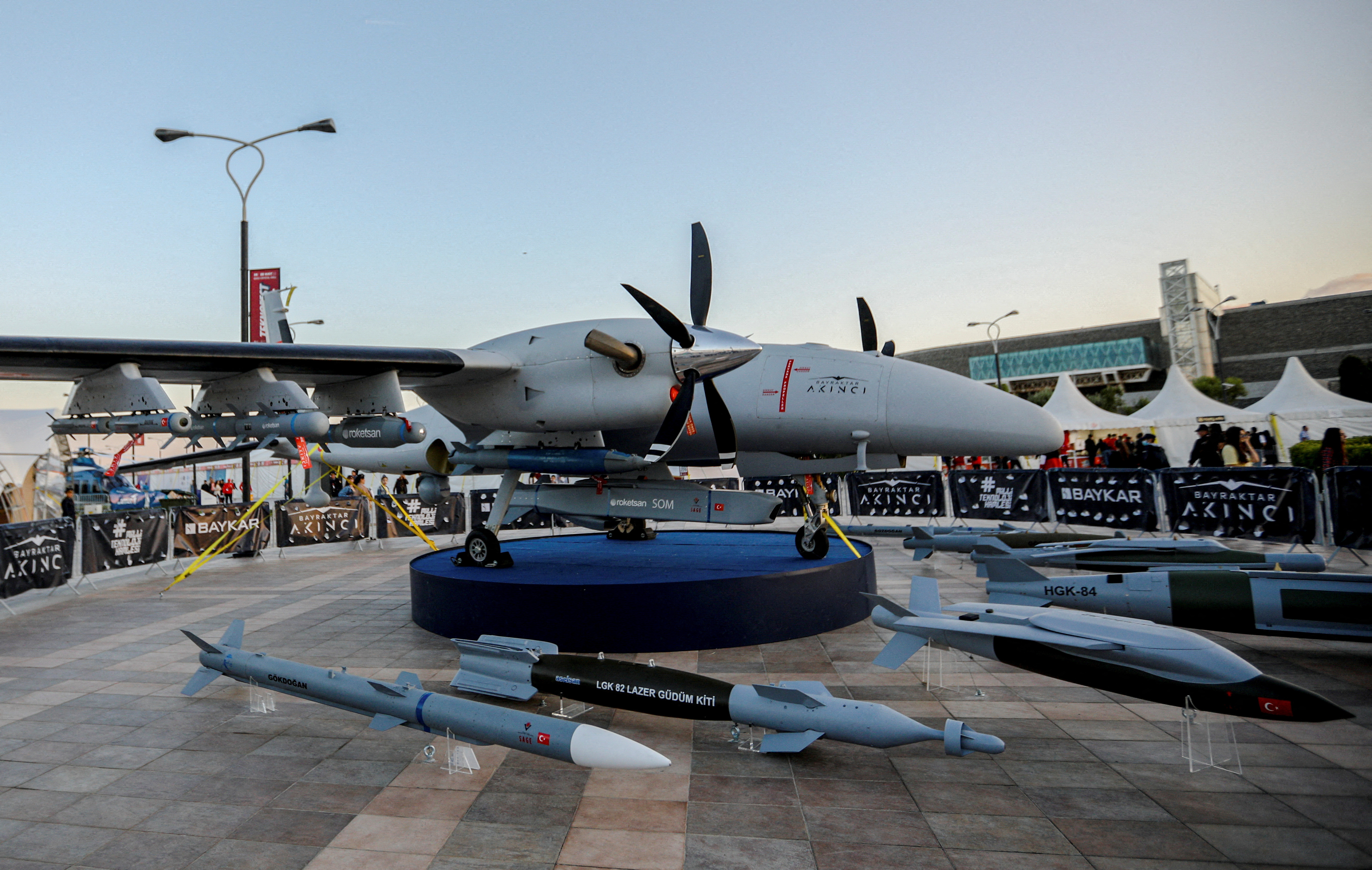 A Bayraktar Akinci drone is exhibited at an aerospace and technology festival in Baku