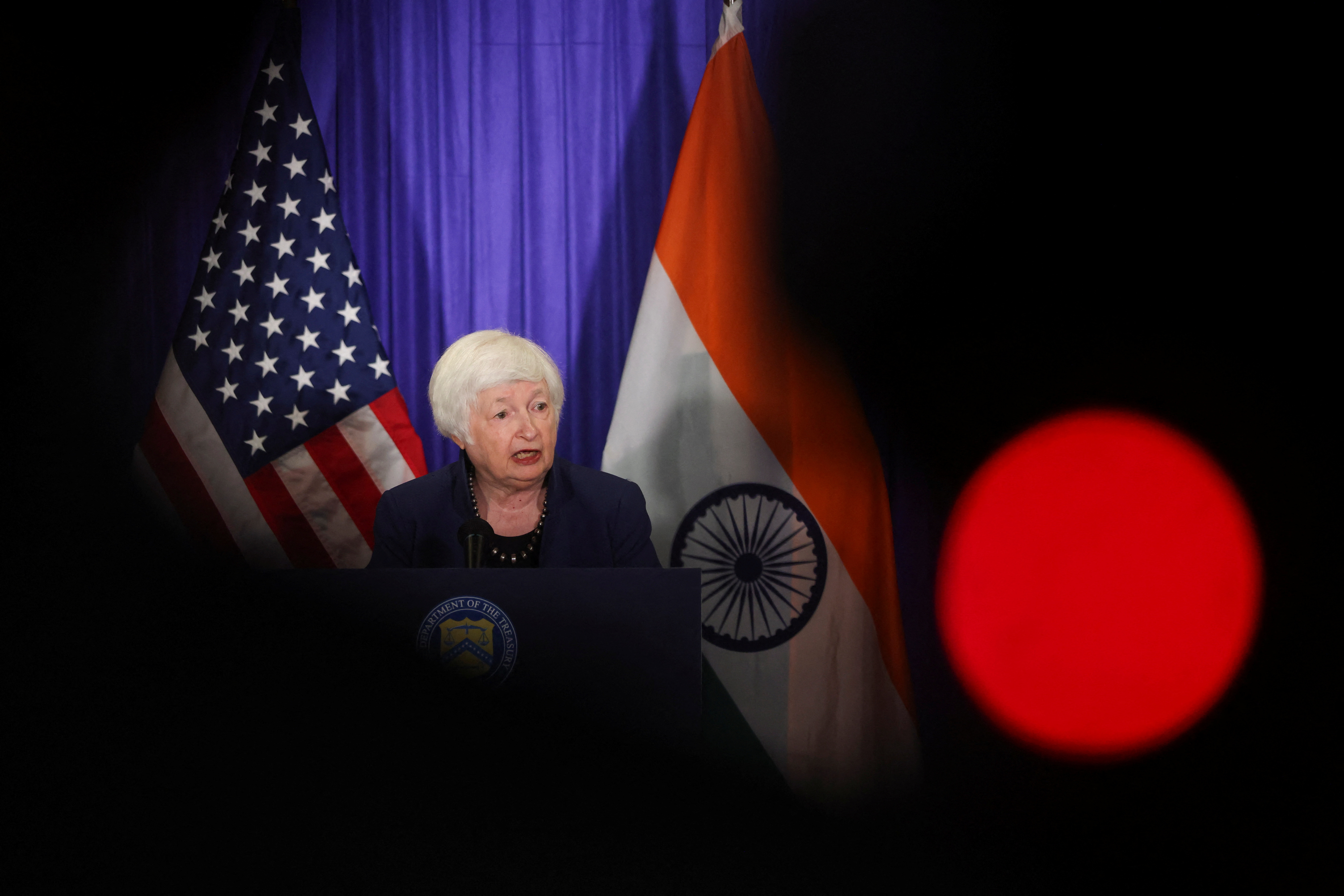 U.S. Treasury Secretary Yellen addresses the media ahead of the G20 Summit in New Delhi