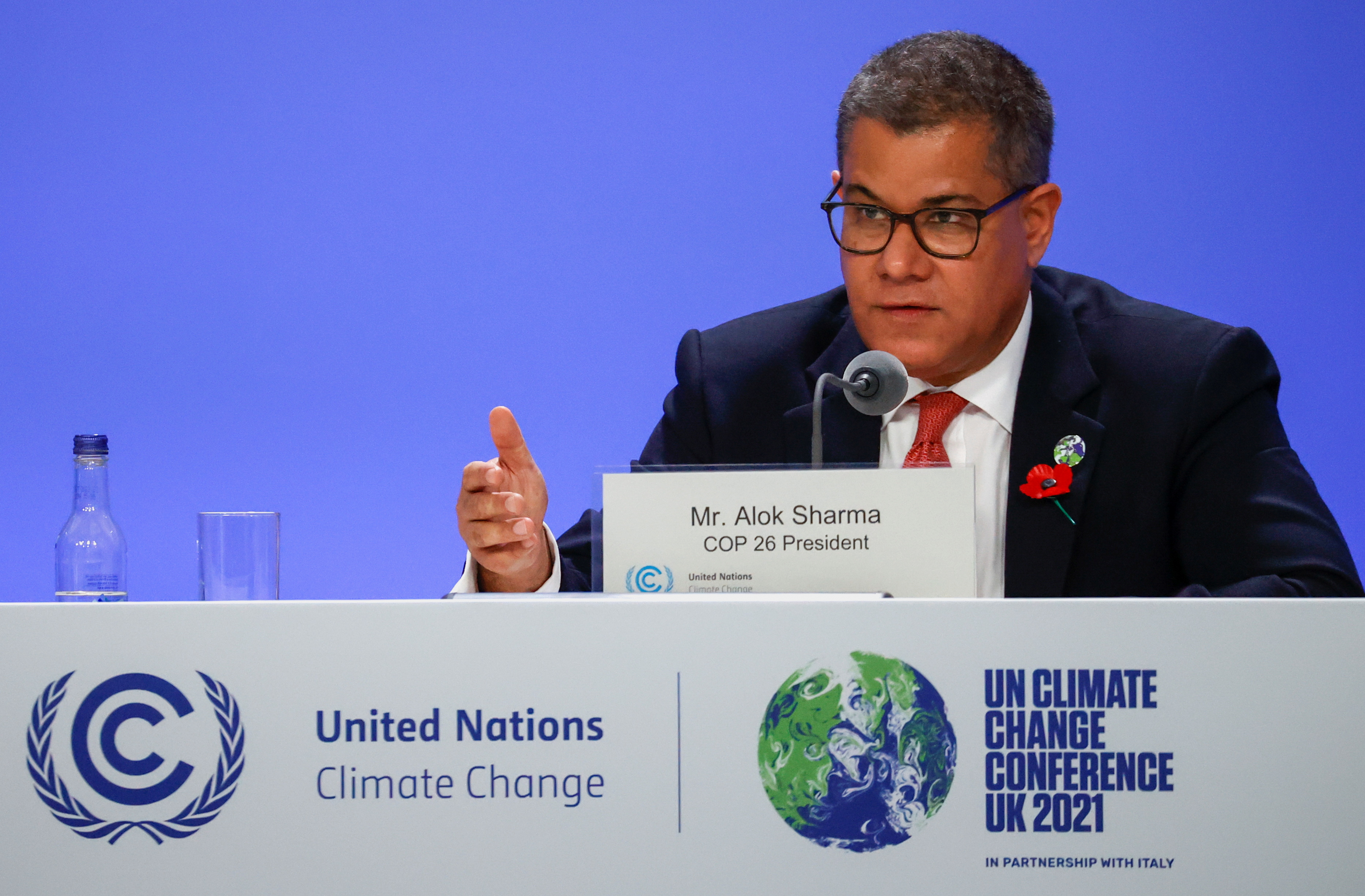 The President of the UN Climate Change Conference (COP26), Alok Sharma, speaks during a COP26 presidency news conference, in Glasgow, Scotland, Britain, November 10, 2021. REUTERS/Phil Noble