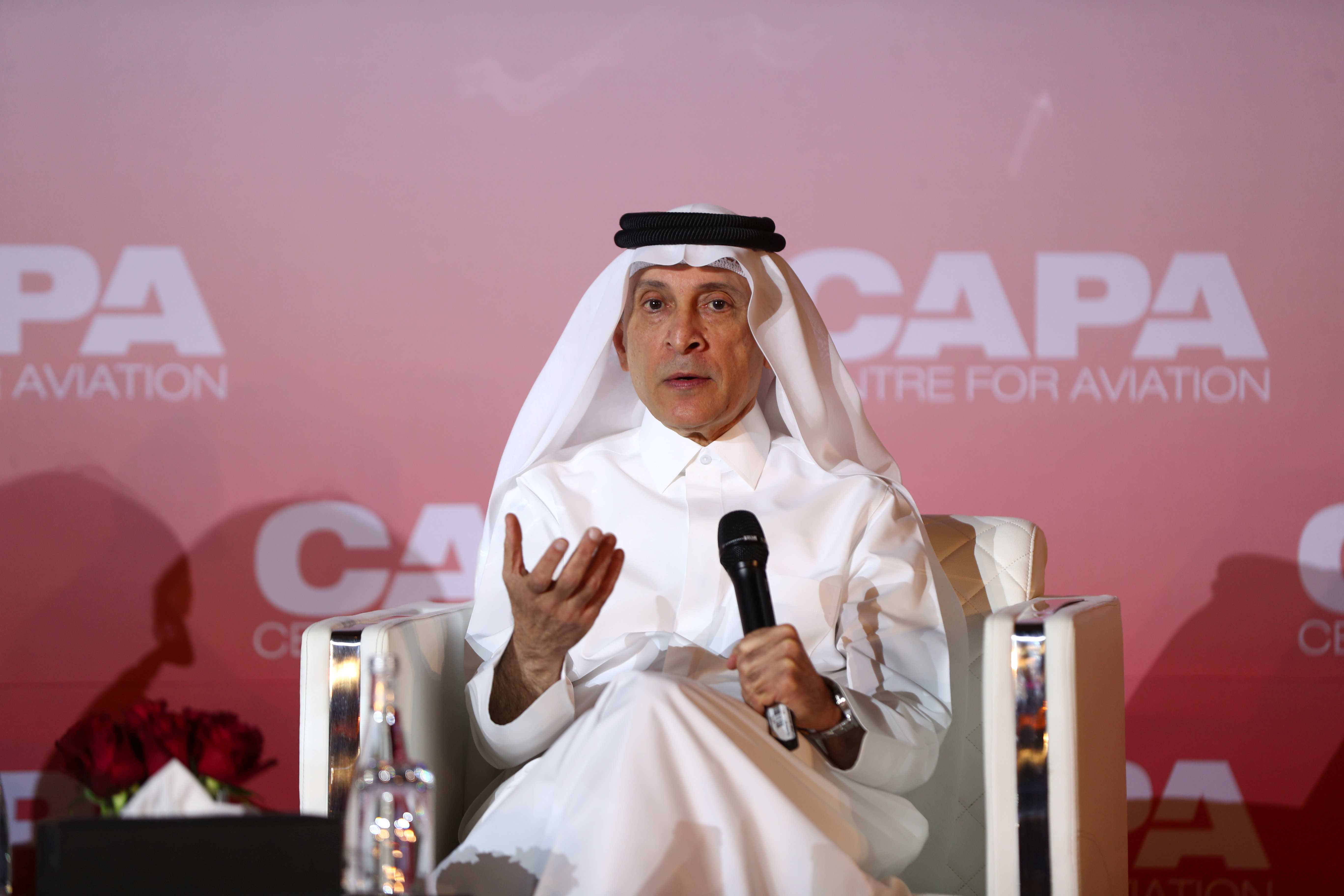 Qatar Airway's Chief Executive Officer, Akbar Al Baker speaks at the opening session of a CAPA aviation summit, in Doha