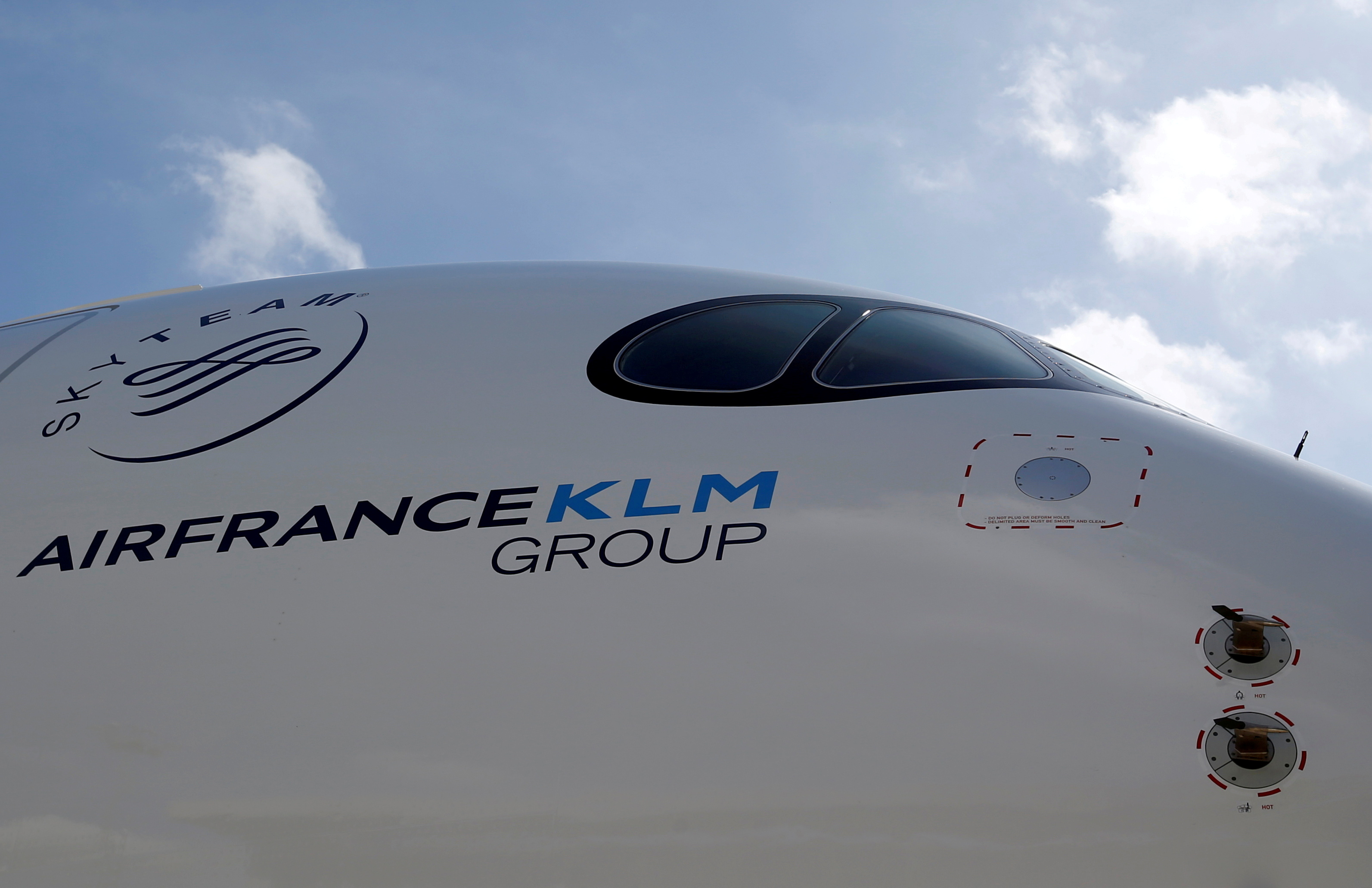 Logo of Air France KLM Group is pictured on the first Air France airliner's Airbus A350 during a ceremony at the aircraft builder's headquarters of Airbus in Colomiers near Toulouse, France, September 27, 2019. REUTERS/Regis Duvignau/File Photo