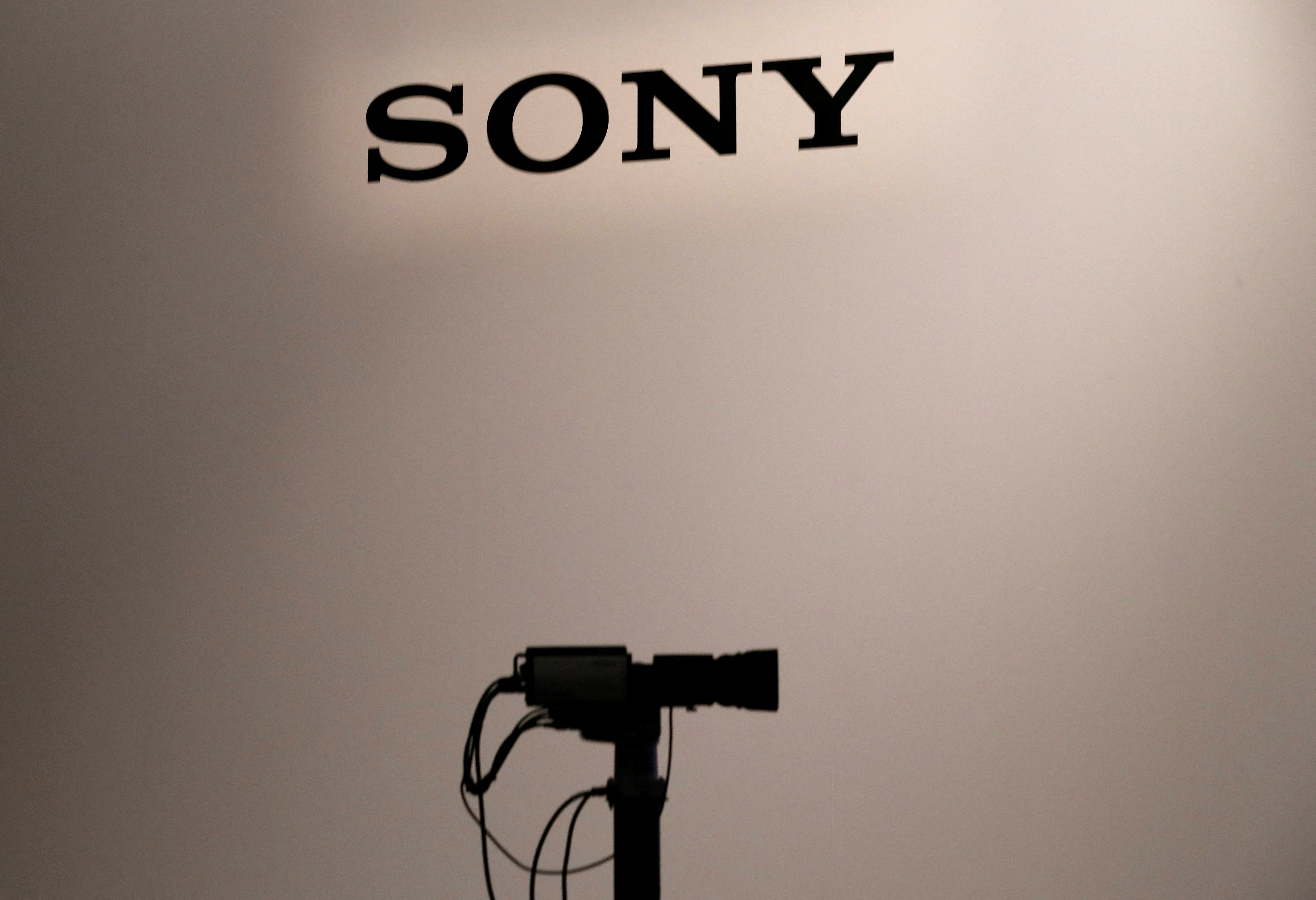 Sony Corp's logo is seen at its news conference in Tokyo
