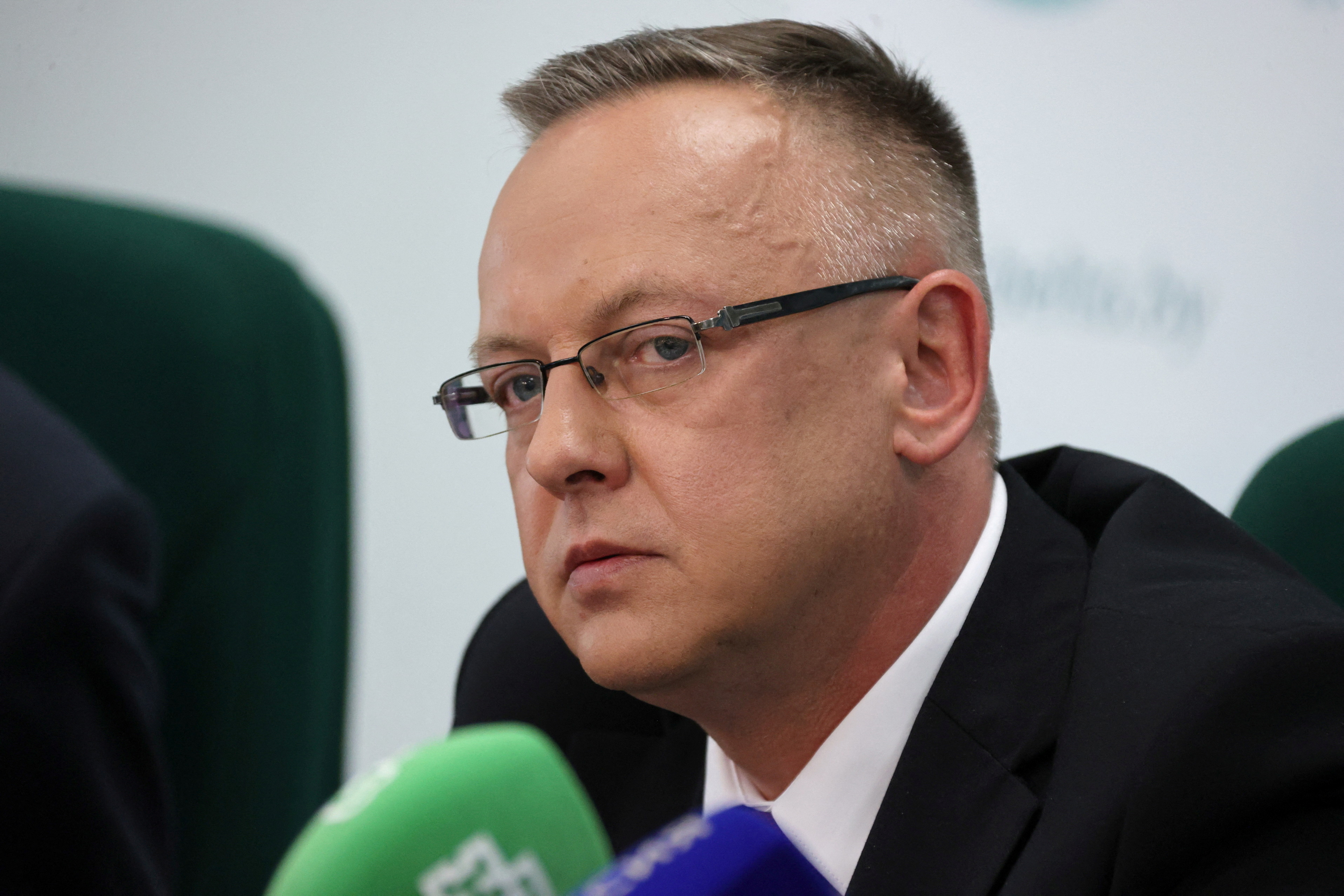 Tomasz Szmydt, a Polish judge who requested political asylum in Belarus, attends a press conference in Minsk