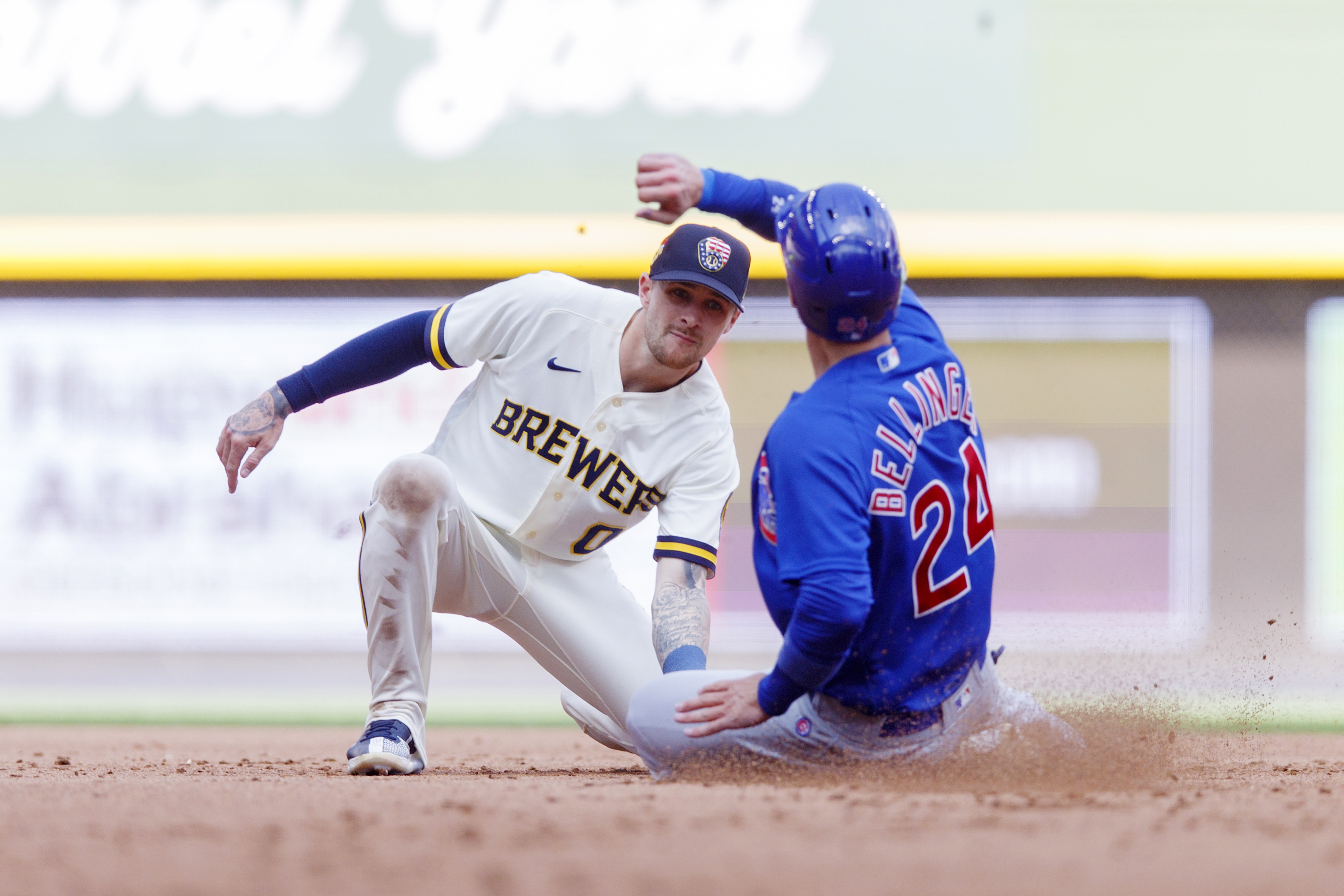 MILWAUKEE, WI - APRIL 29: Milwaukee Brewers first baseman Rowdy Tellez (11)  gets a hit during a game between the Milwaukee Brewers and the Chicago Cubs  at American Family Field on April