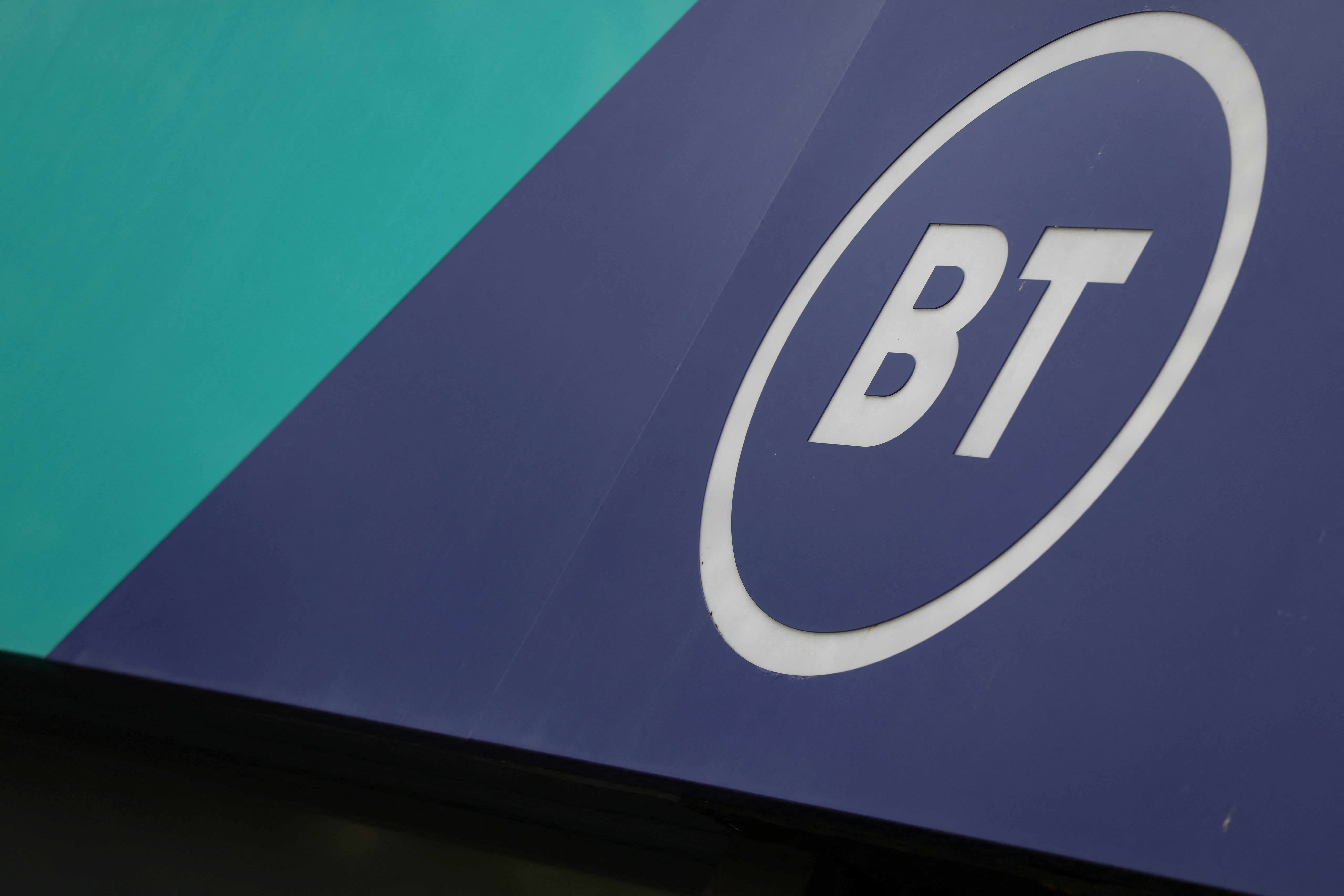 View of BT Group logo displayed on a shopfront, in London