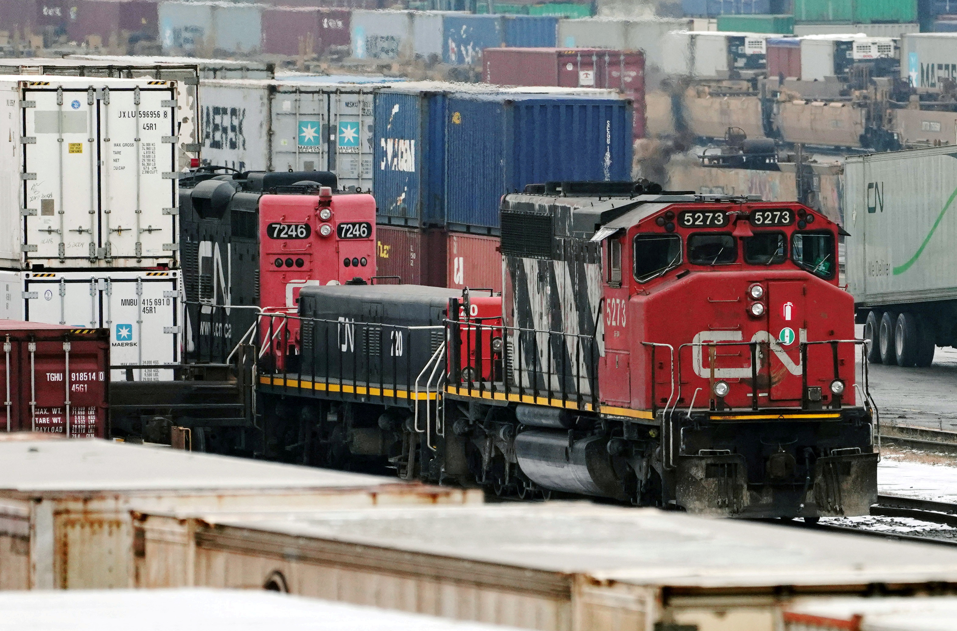 Trains are seen in the yard at the at the CN Rail Brampton Intermodal Terminal in Brampton