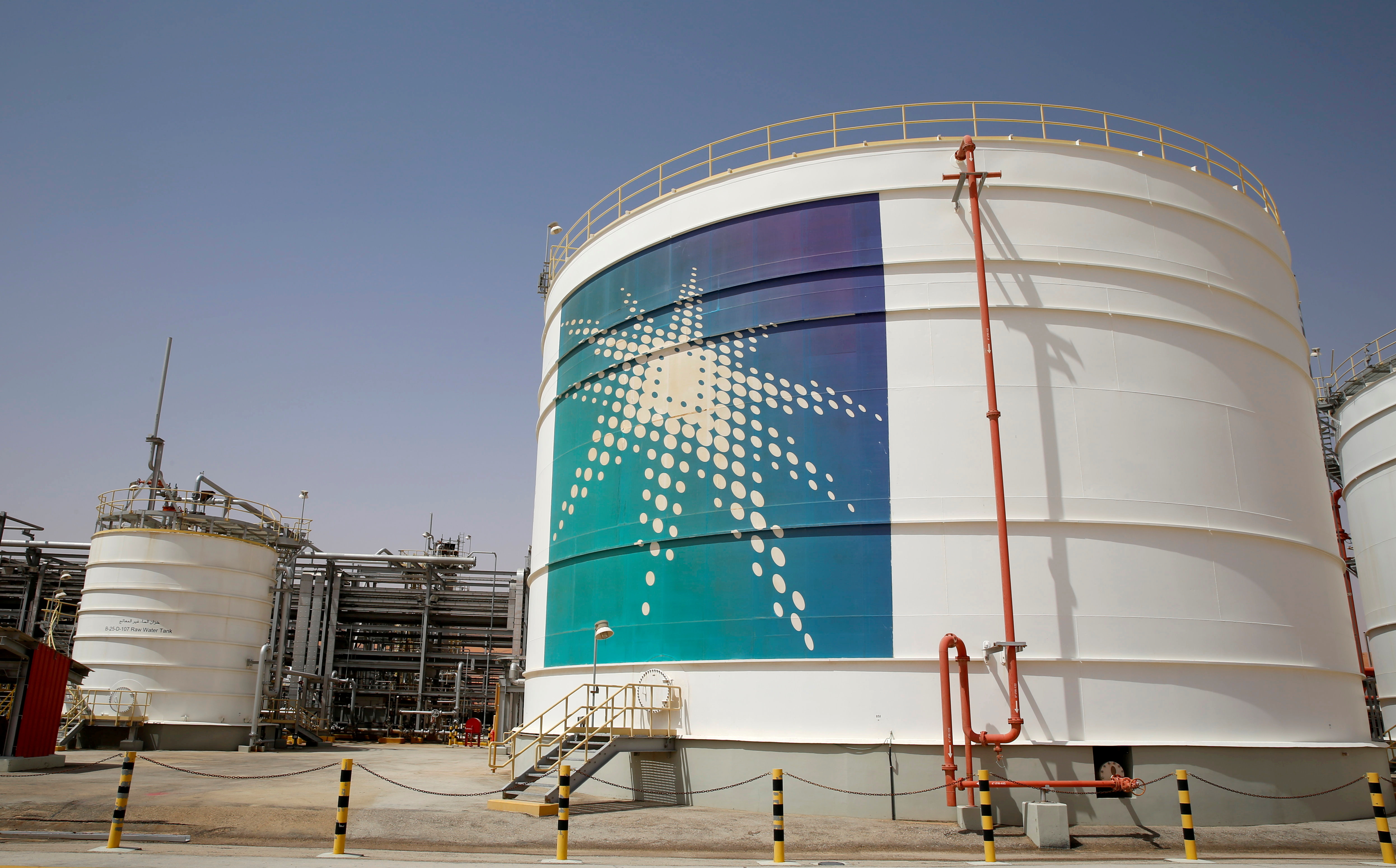 An Aramco oil tank is seen at the Production facility at Saudi Aramco's Shaybah oilfield in the Empty Quarter