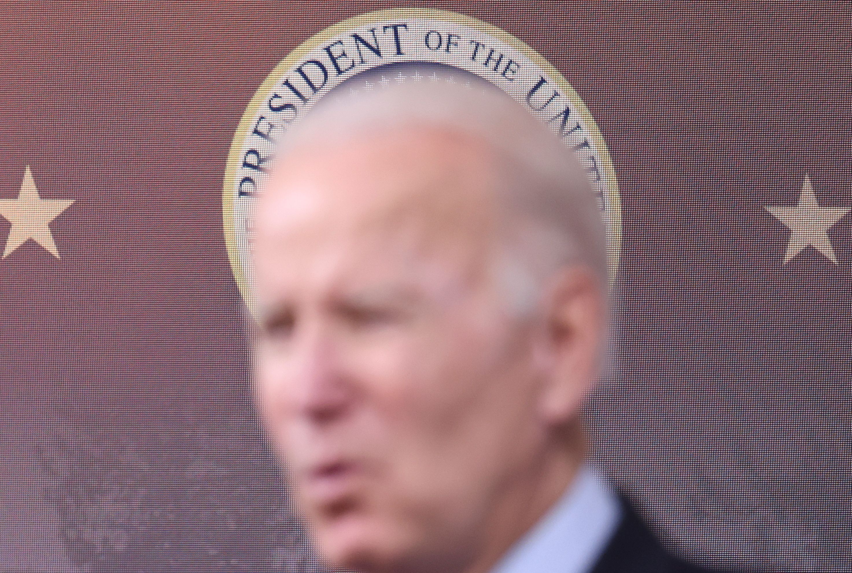 The presidential seal is seen as U.S. President Joe Biden delivers remarks on the economy and 