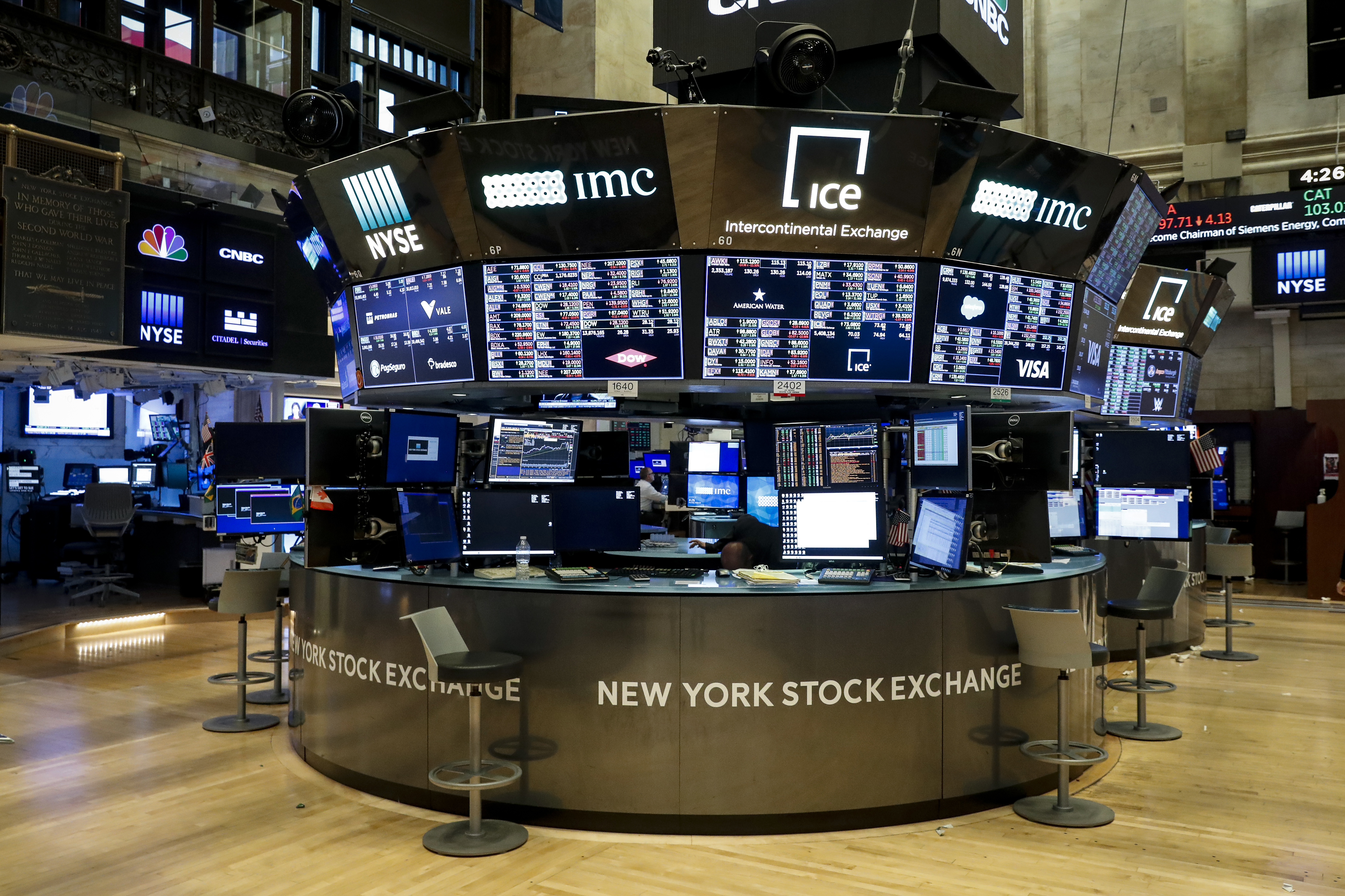 Floor traders work space is seen on the trading floor after the closing bell at the New York Stock Exchange (NYSE) in New York, U.S., March 19, 2020. REUTERS/Lucas Jackson