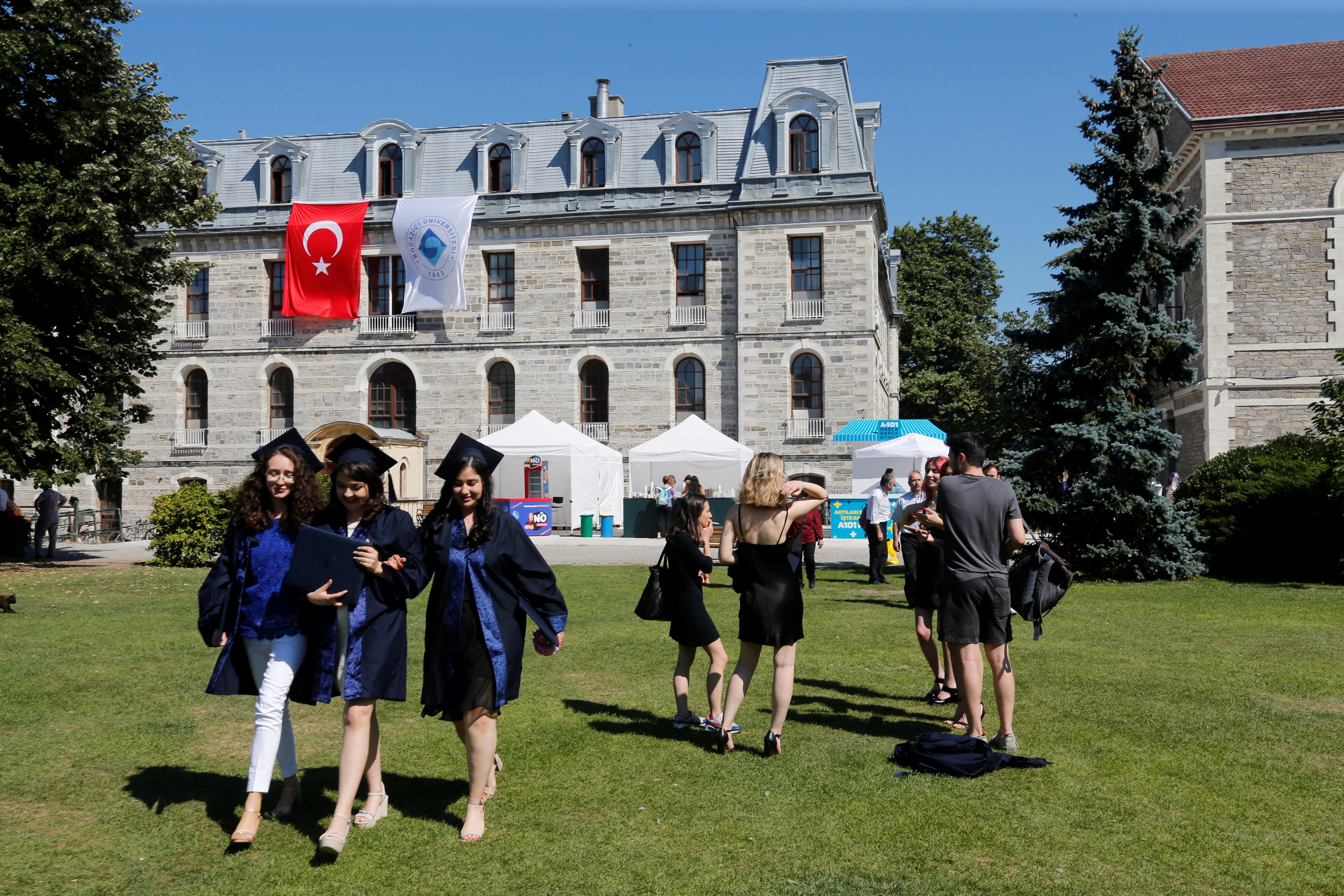 Students walk at their campus during a graduation ceremony at Bogazici University, in Istanbul