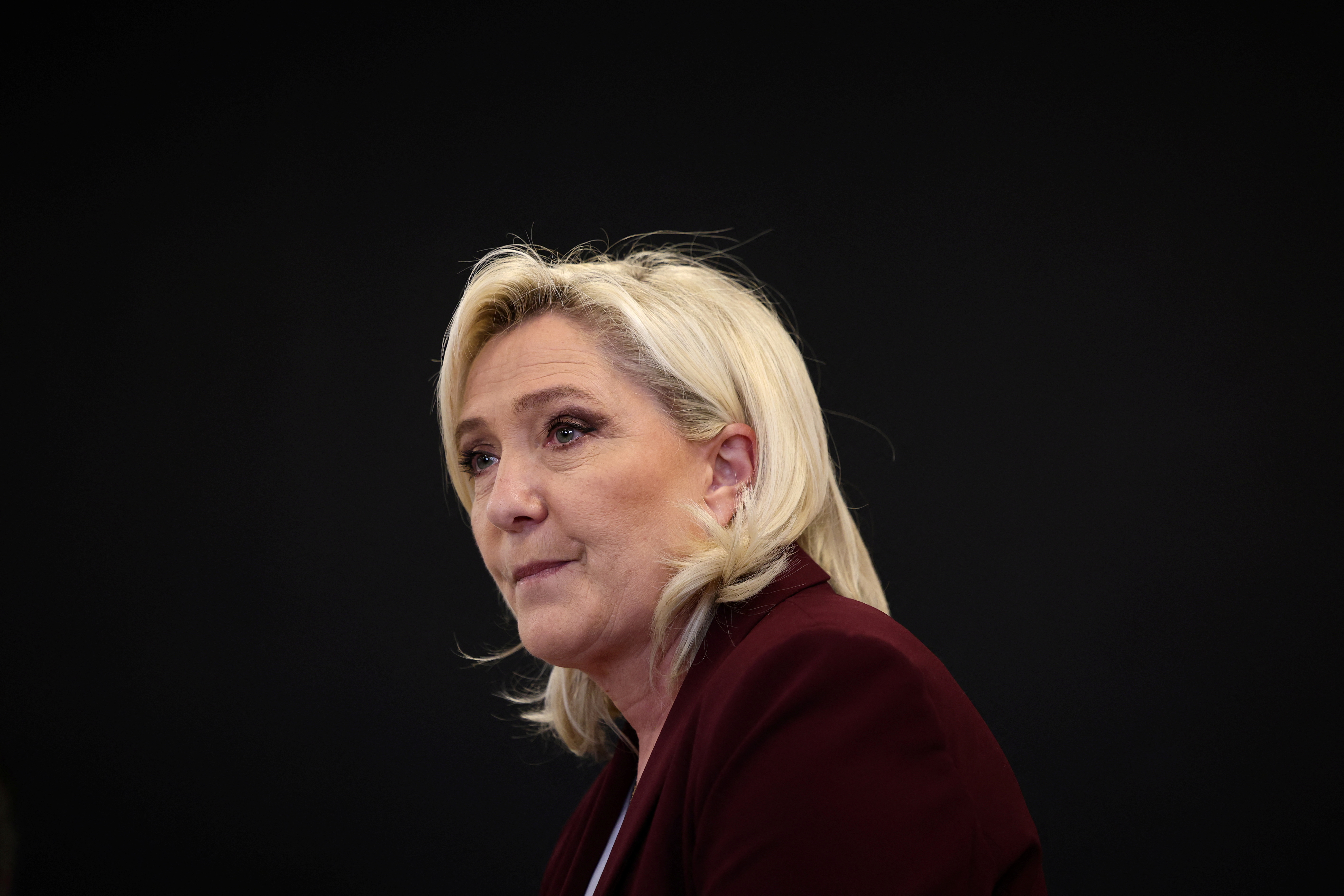 French far-right presidential candidate Le Pen gives a news conference in Vernon