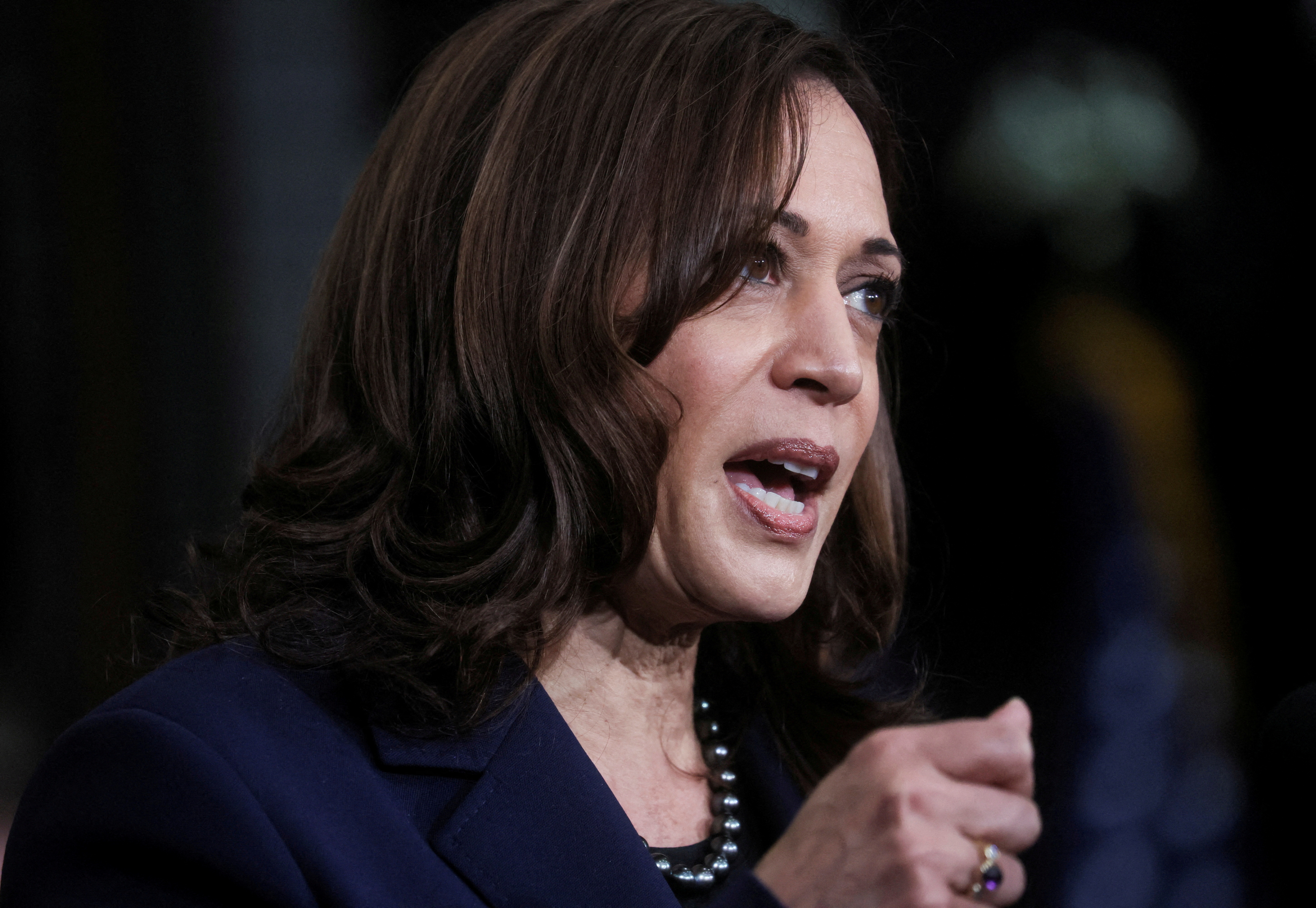 U.S. Vice President Kamala Harris speaks prior to President Joe Biden signing an executive order on federal construction project contracts and labor agreements during a visit to Ironworkers Local 5 in Upper Marlboro, Maryland, U.S., February 4, 2022. REUTERS/Leah Millis