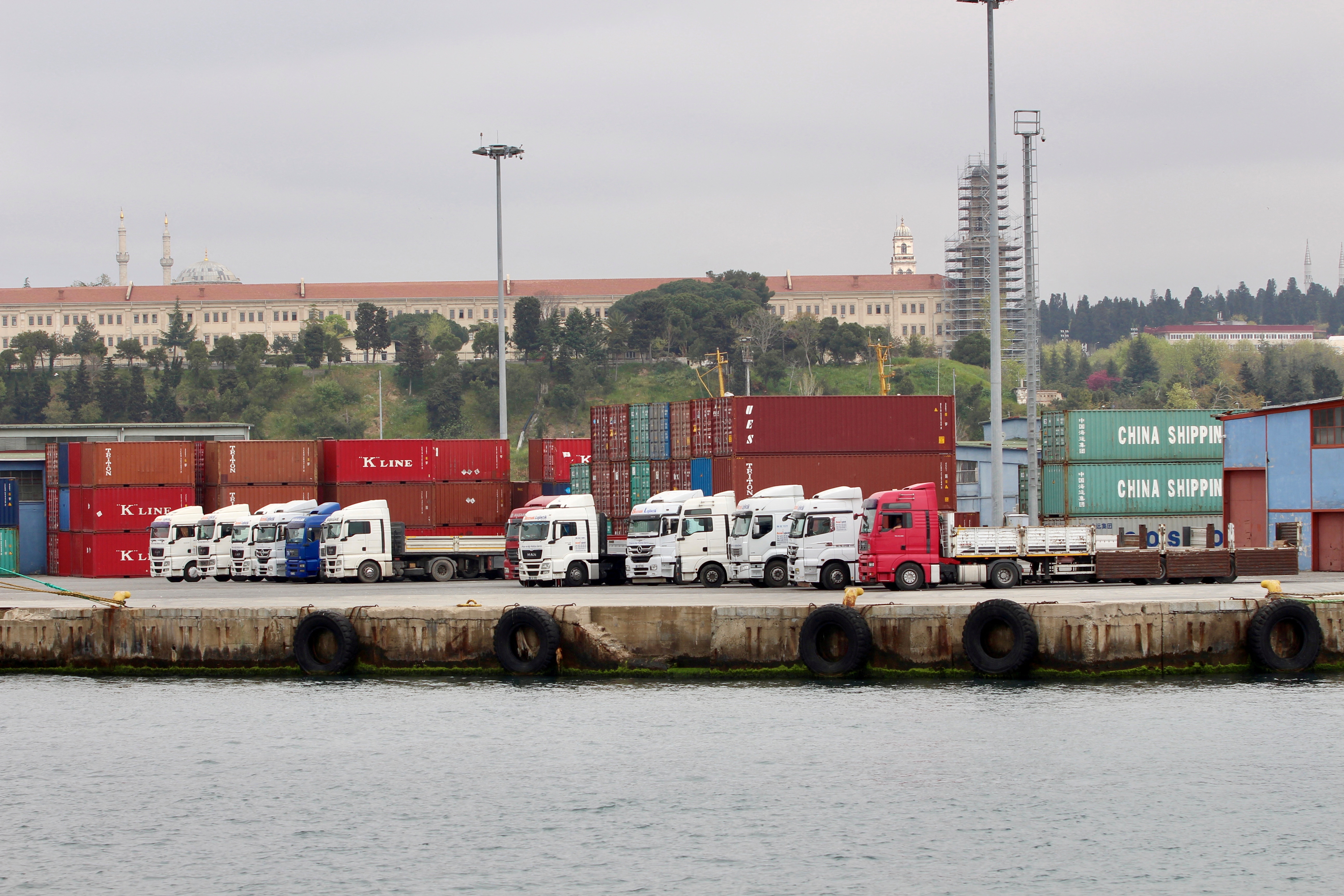 Trucks and shipping containers are pictured at Haydarpasa port in Istanbul