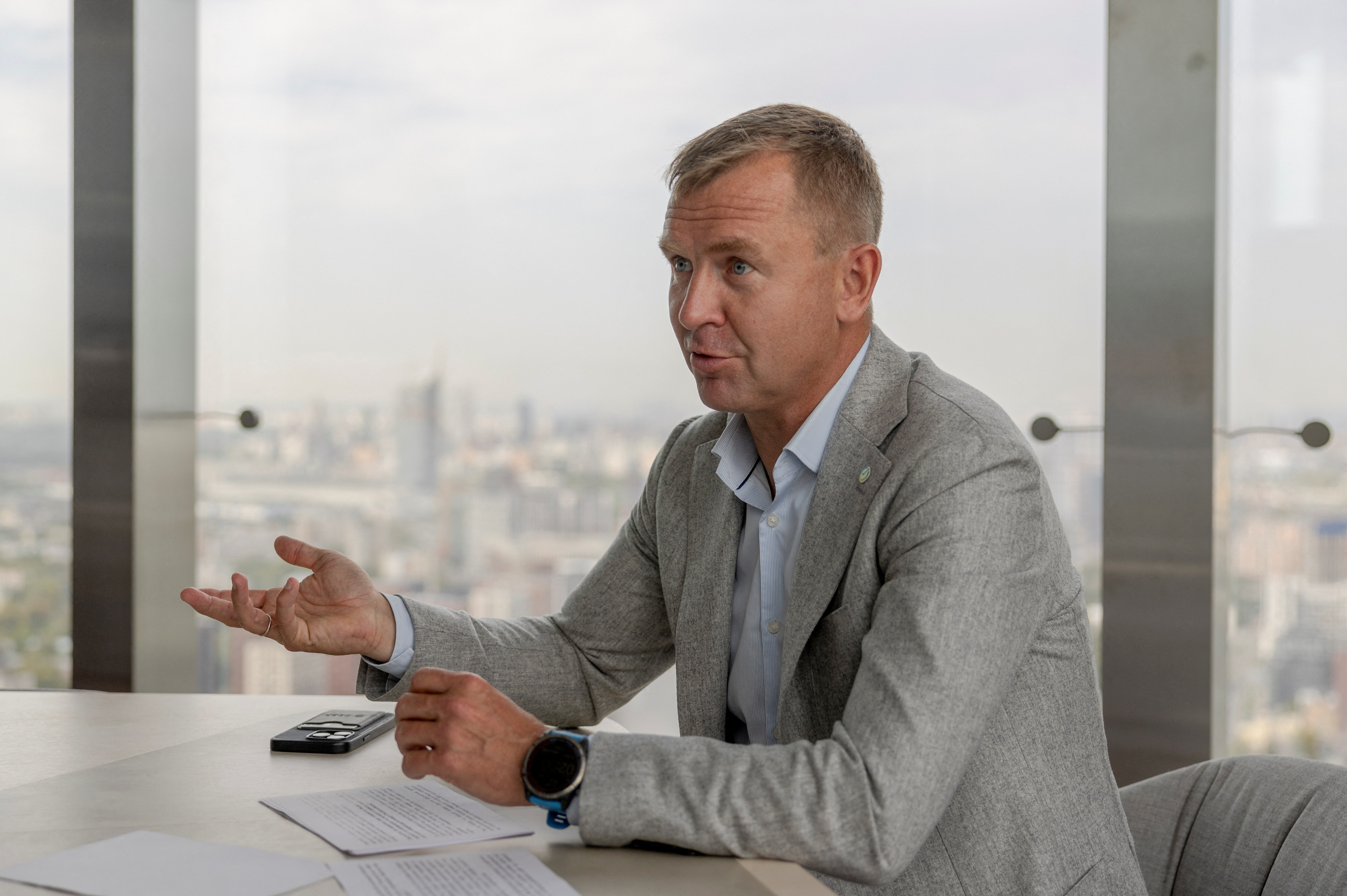 Sberbank deputy CEO Anatoly Popov gives an interview in Moscow