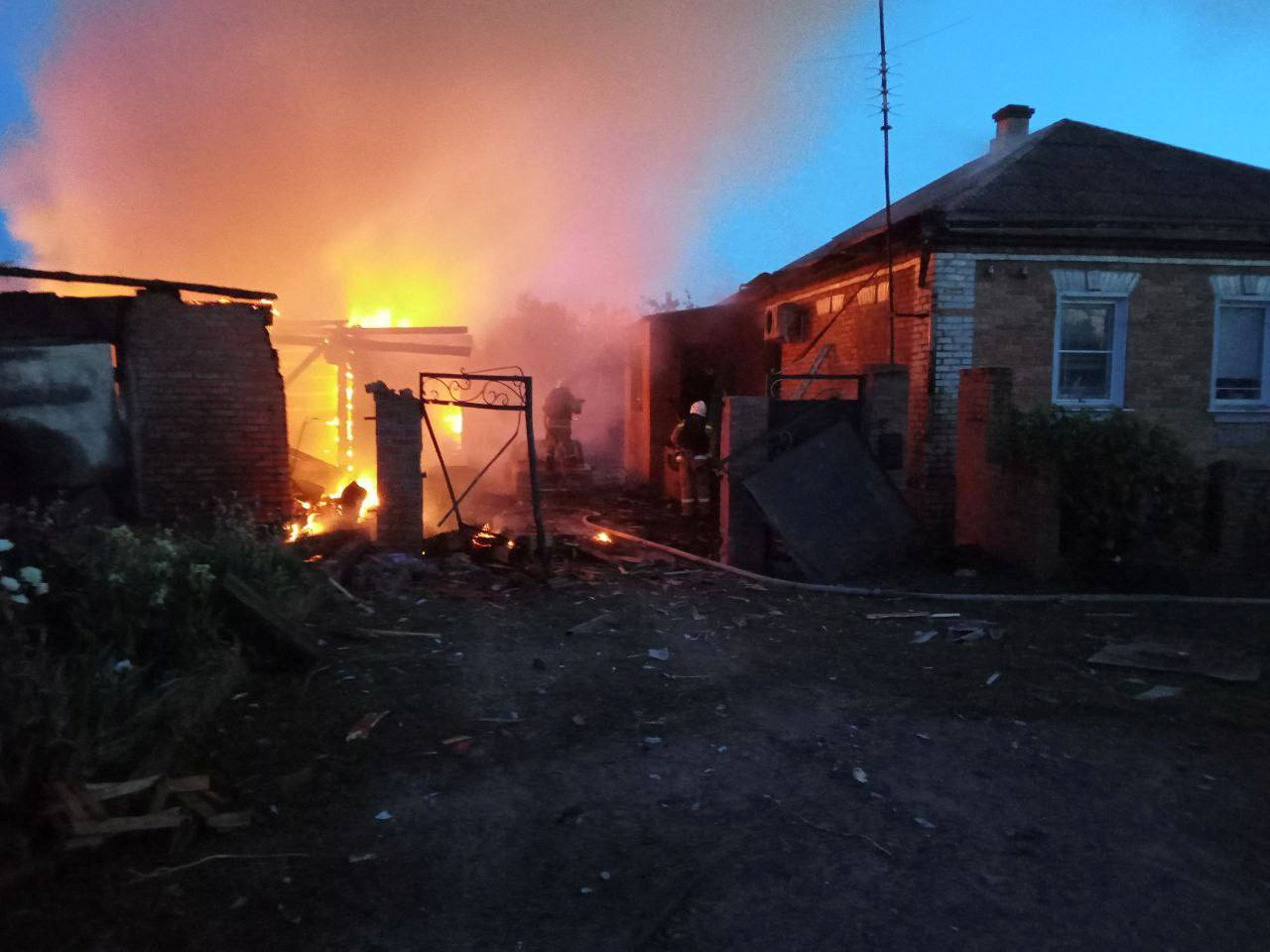 House on fire following shelling allegedly by Ukrainian forces in the village of Sobolevka, Belgorod region