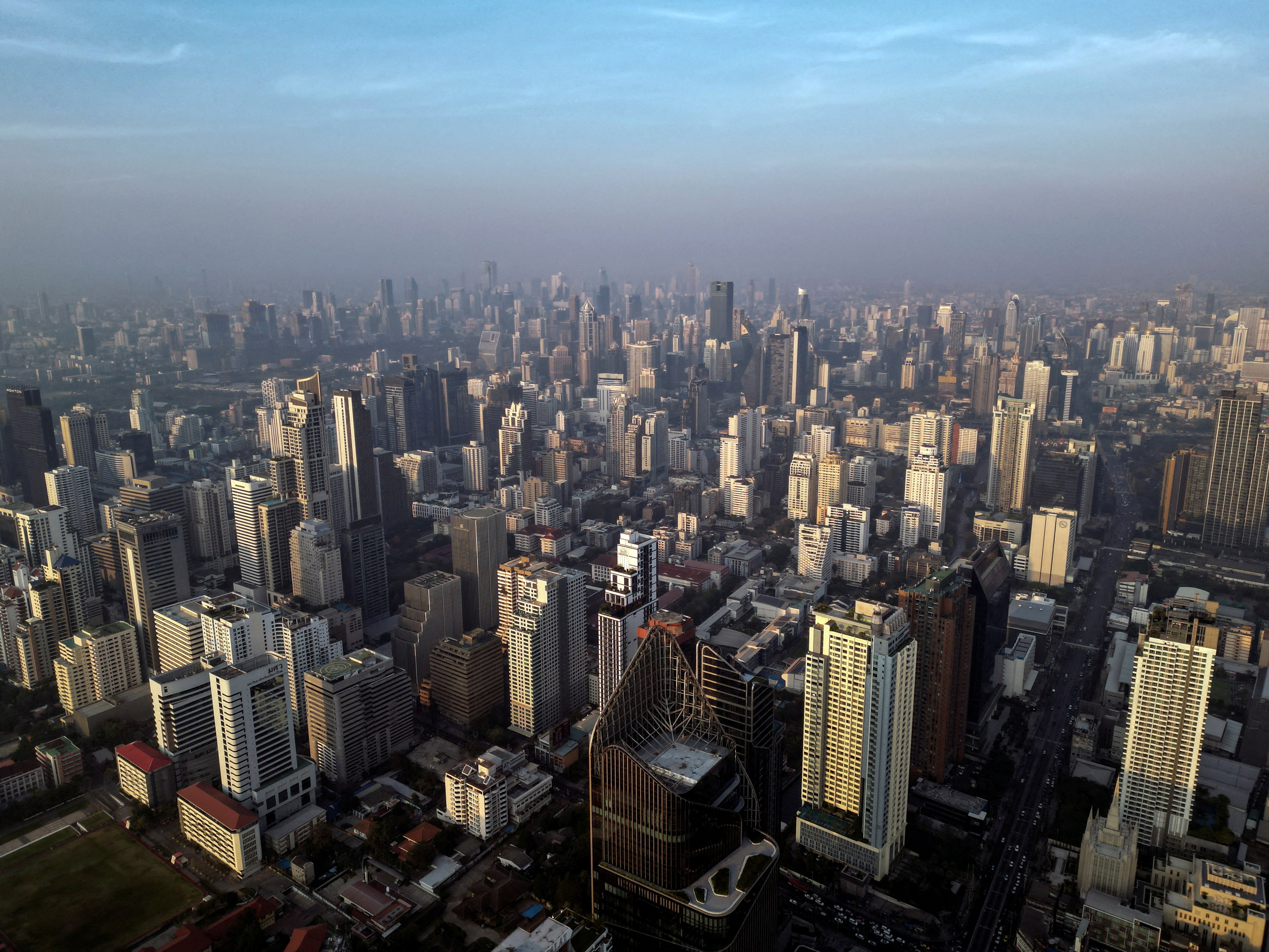 An aerial view shows a cityscape in Bangkok, Thailand