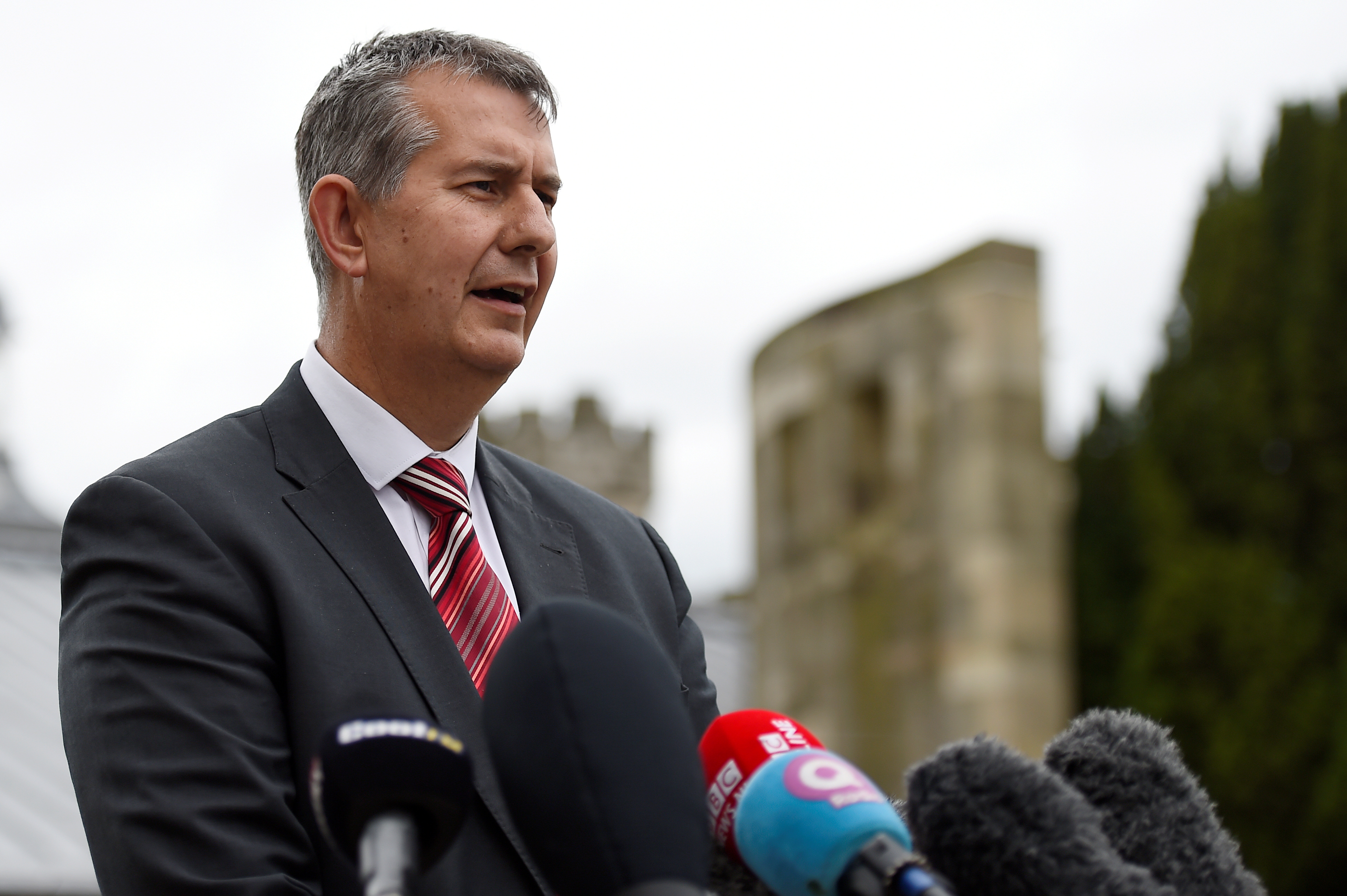 Democratic Unionist Party's (DUP) Edwin Poots makes a statement to the media outside Stormont Castle in Belfast, Northern Ireland June 28, 2017. REUTERS/Clodagh Kilcoyne/File Photo