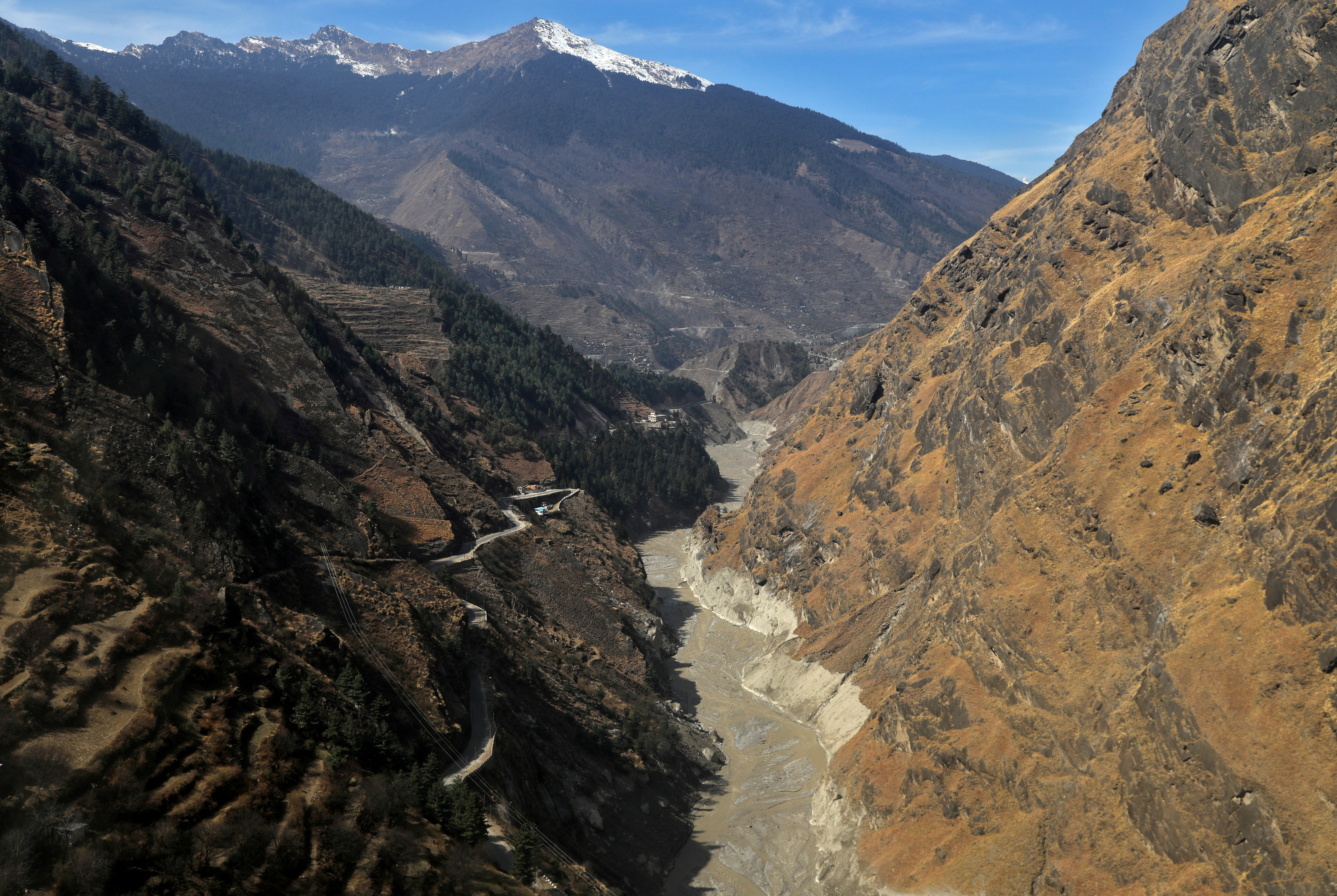 An aerial view shows Dhauliganga river flowing in Chamoli district
