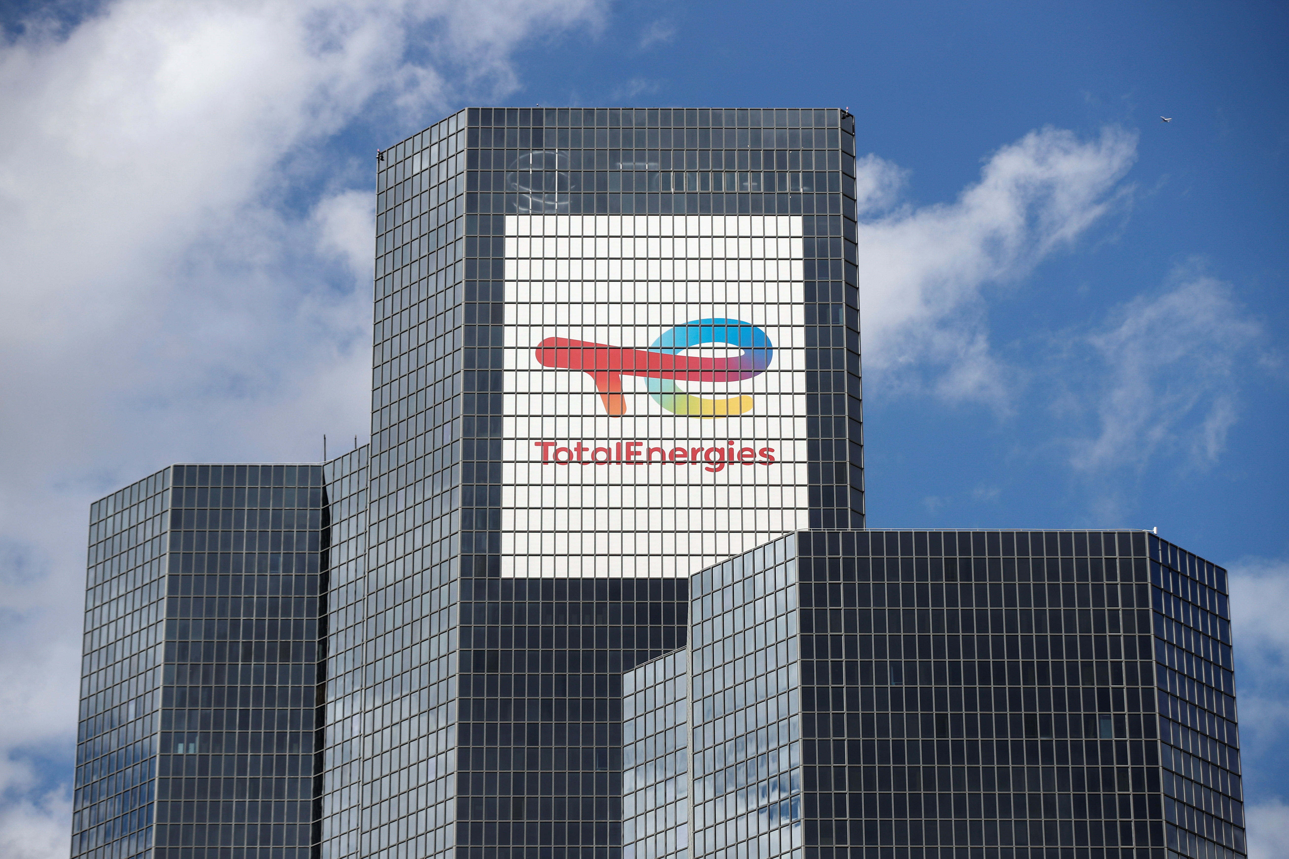 A general view of a logo on the TotalEnergies headquarters in the La Defense business district in Paris, France, July 28, 2021. REUTERS/Benoit Tessier