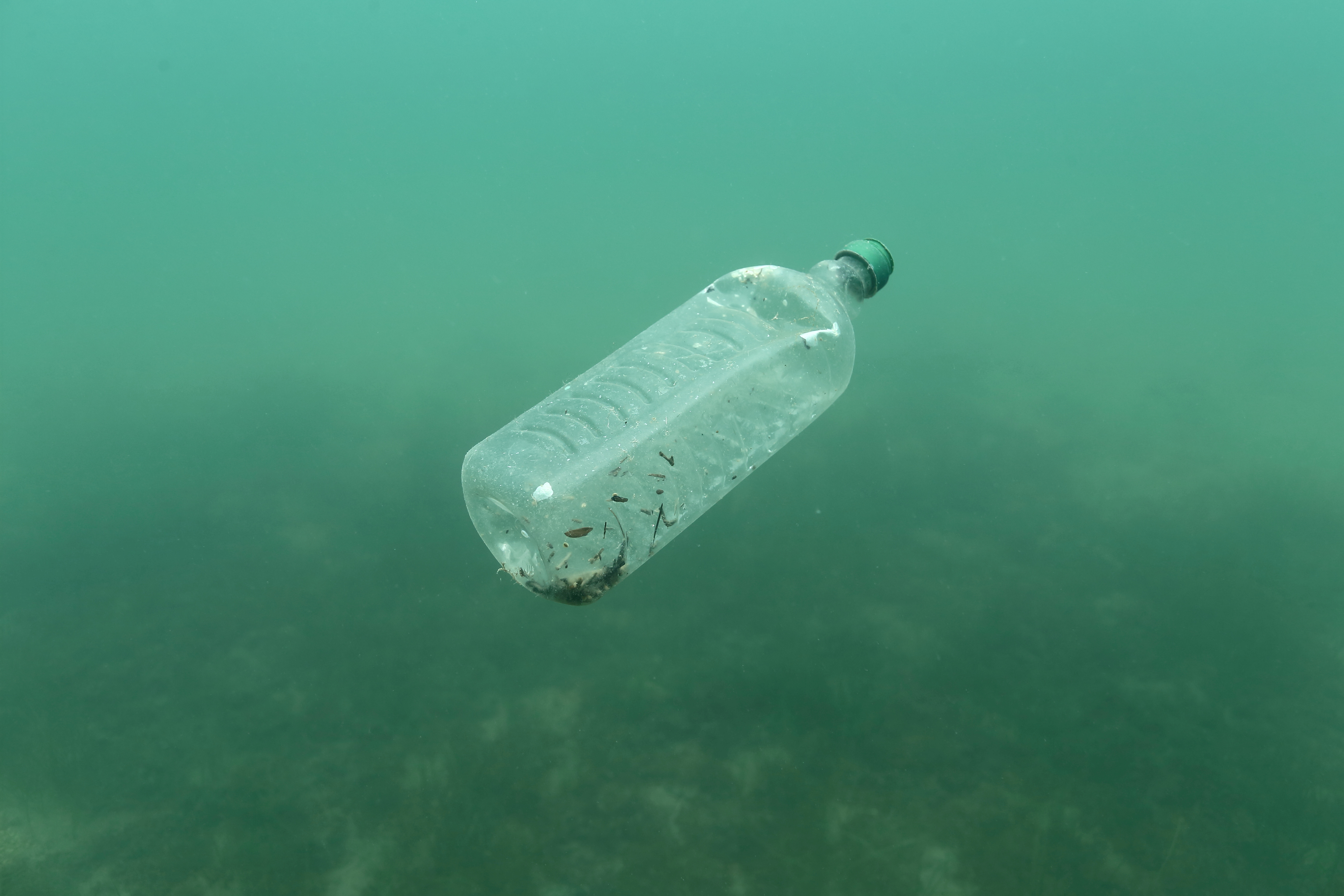 A plastic bottle is seen floating in an Adriatic sea of the island Mljet