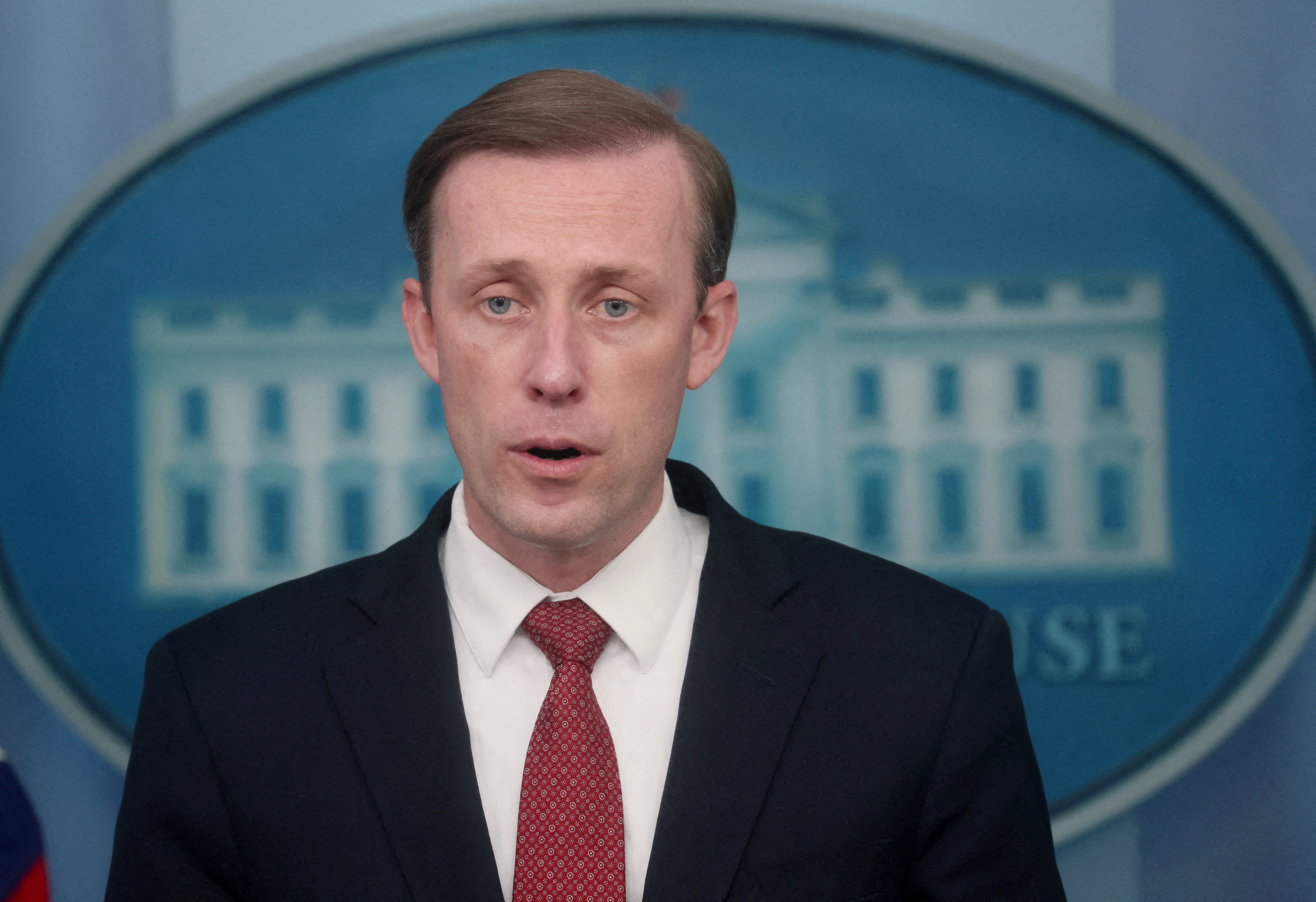 White House National Security Advisor Jake Sullivan speaks to the news media about the situation in Ukraine during a daily press briefing at the White House in Washington