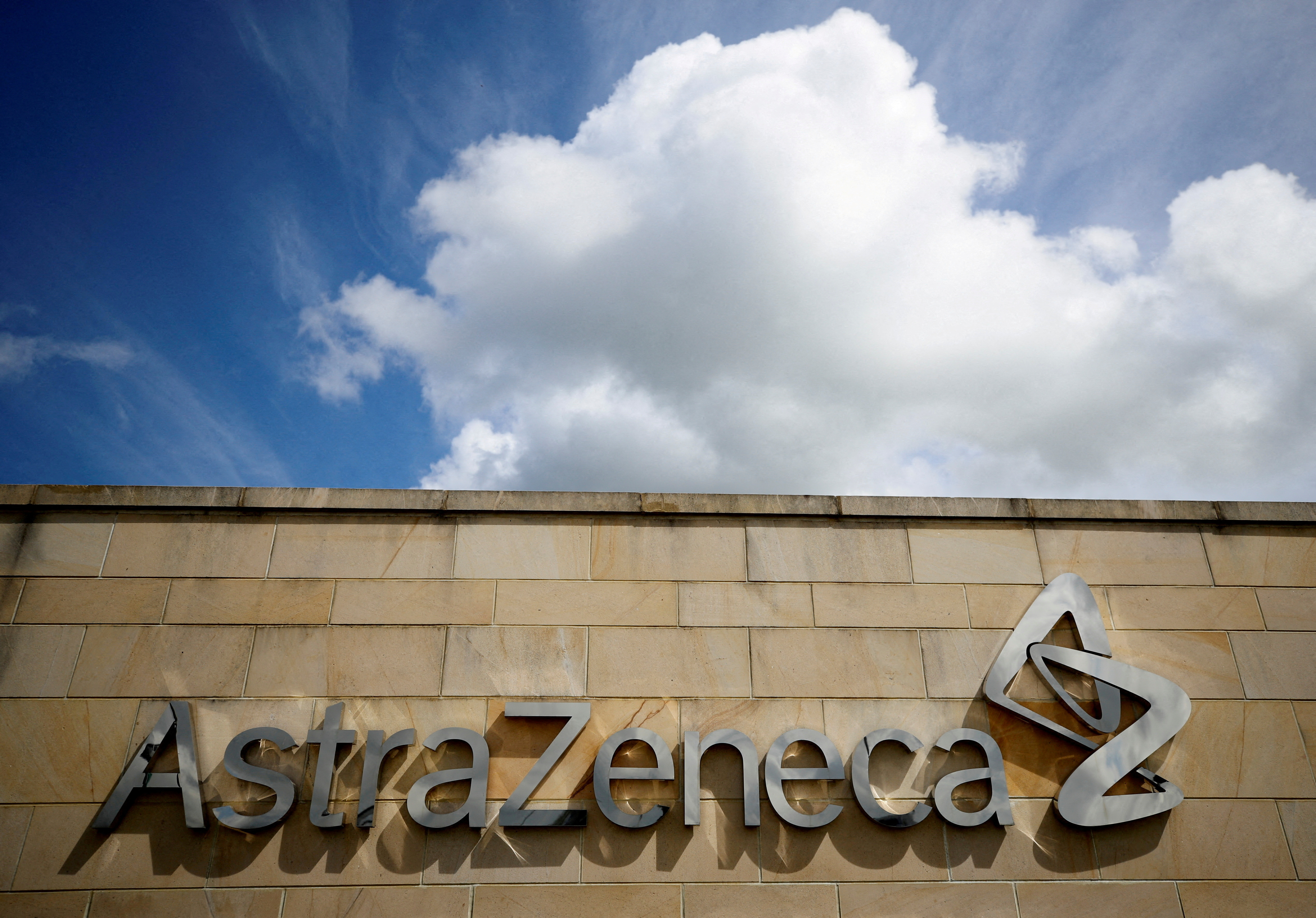 A company logo is seen at the AstraZeneca site in Macclesfield